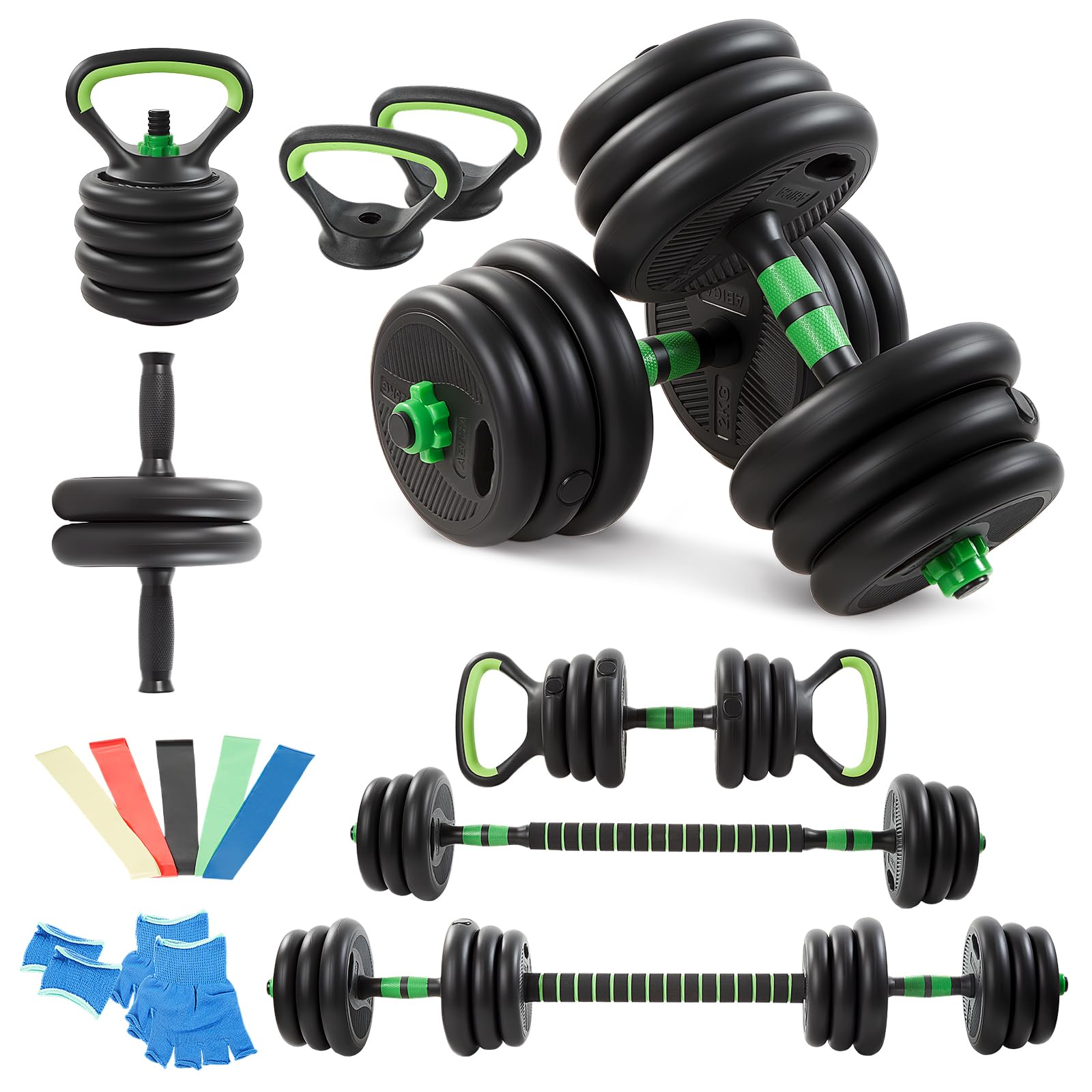 20kg Hantelset, 5 in 1 verstellbare Heimfitnessgeräte für Männer und Frauen, Langhantel, Kettlebell, Liegestützgriffe, Bauchmuskeltrainer, Freihanteln für Ganzkörpertraining