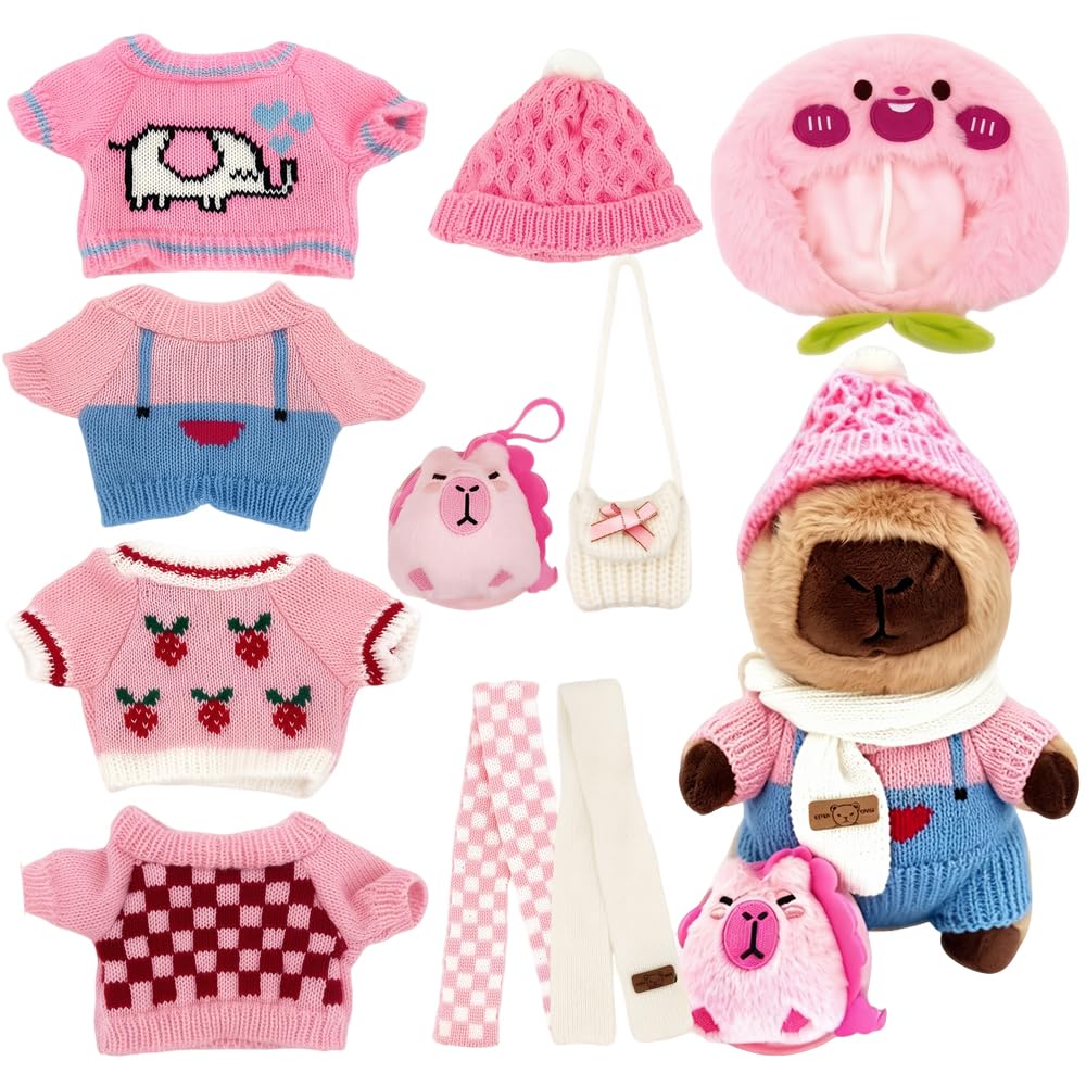 Capybara Plush Toy with 10PCS Clothes and Accessories, 25cm Capybara Stuffed Animal, Dress Up Capybaras Toys Set, Cute Capybaras Teddy for Boys Girls Birthday, Easter, Children's Day, Christma, Pink