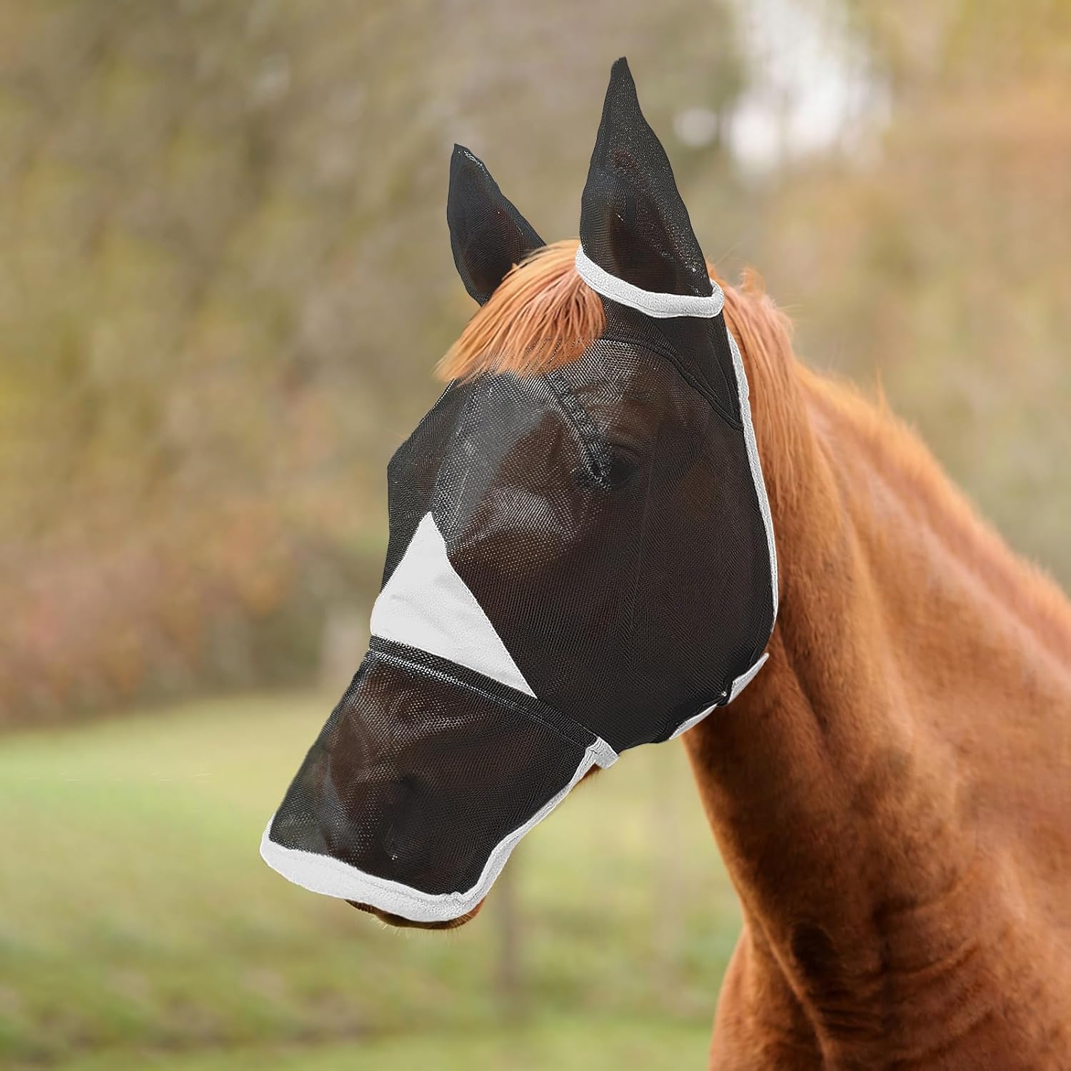Hilltown Horse Fly Mask with Nose Cover - Large Eye Space, Full Face UV-Block, Breathable Fabric, Adjustable Fit, Durable & Polar Fleece Trim, Horse Fly Mask for Hot or Bug-Heavy Areas - Pony, Grey