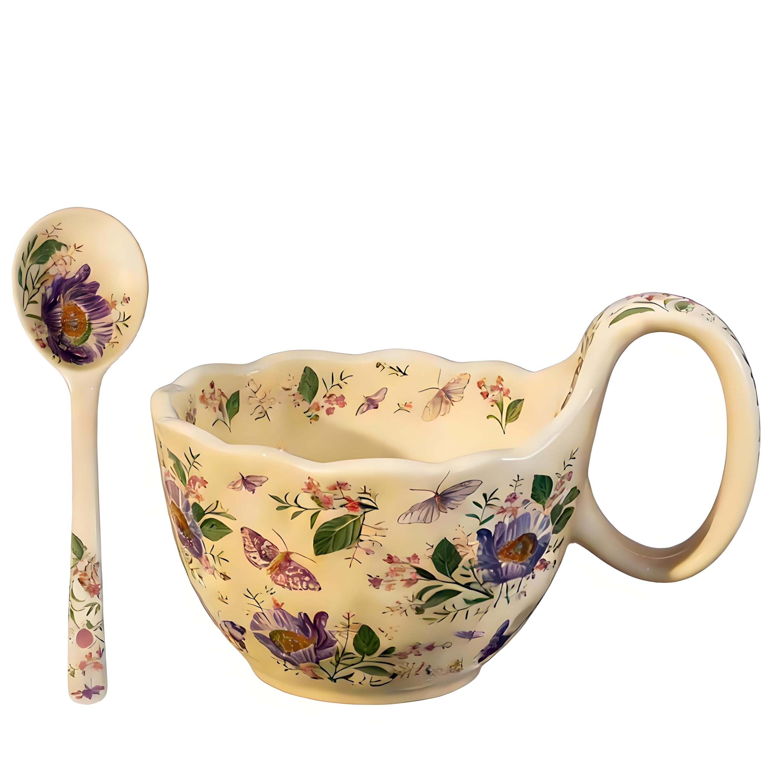 17.64 Oz Microwavable Soup Bowl with Handle, Hand Painted Gesang Flower Butterfly Decorative Soup Bowls with Handles, Ceramic Soup Bowl with Spoon for Holding Fruits Cereal, Chili, Ice Cream, Stew