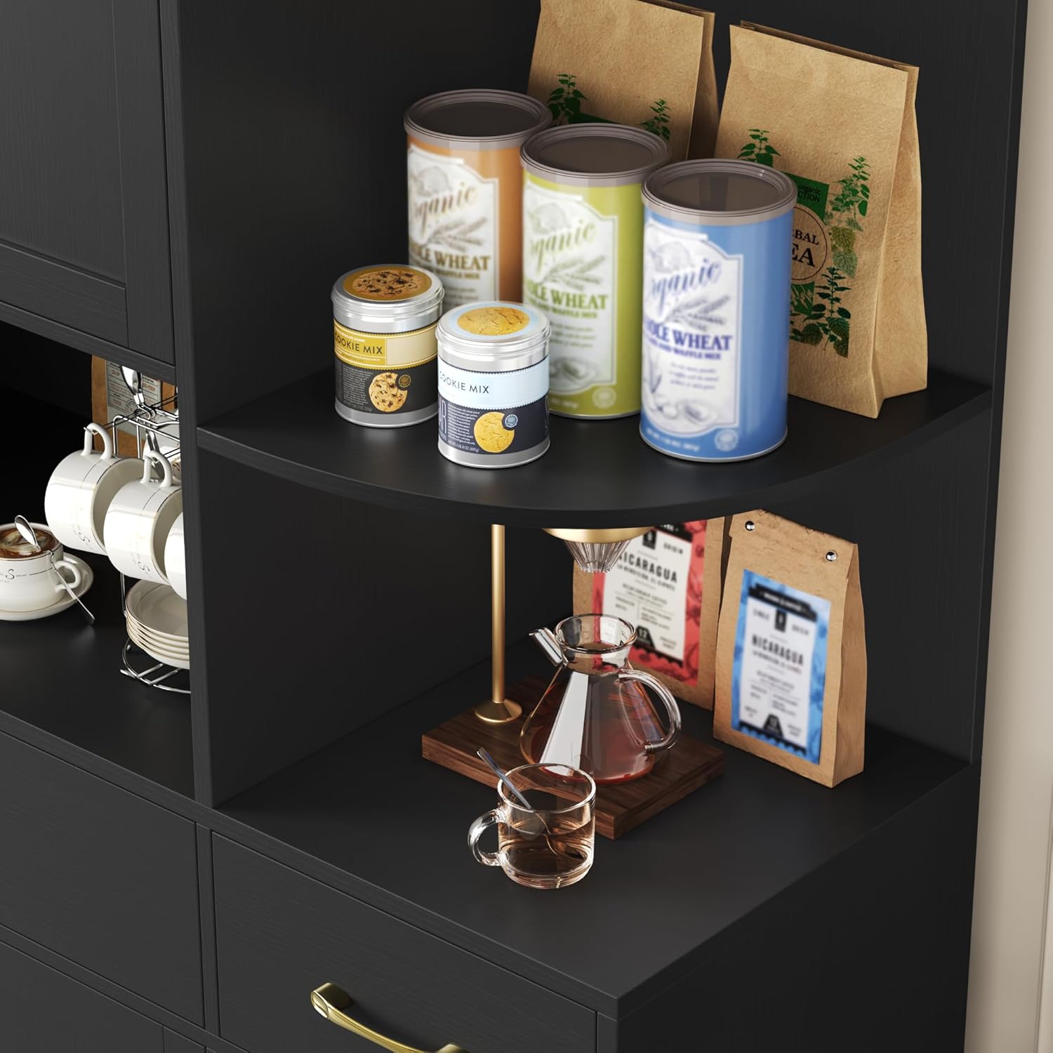 67" Kitchen Pantry Cabinet, Modern Kitchen Hutch with 5 Doors and 2 Drawers, 3-Tier External Shelf, Large Pantry Storage Cabinet with Microwave Stand for Dining Room, Black