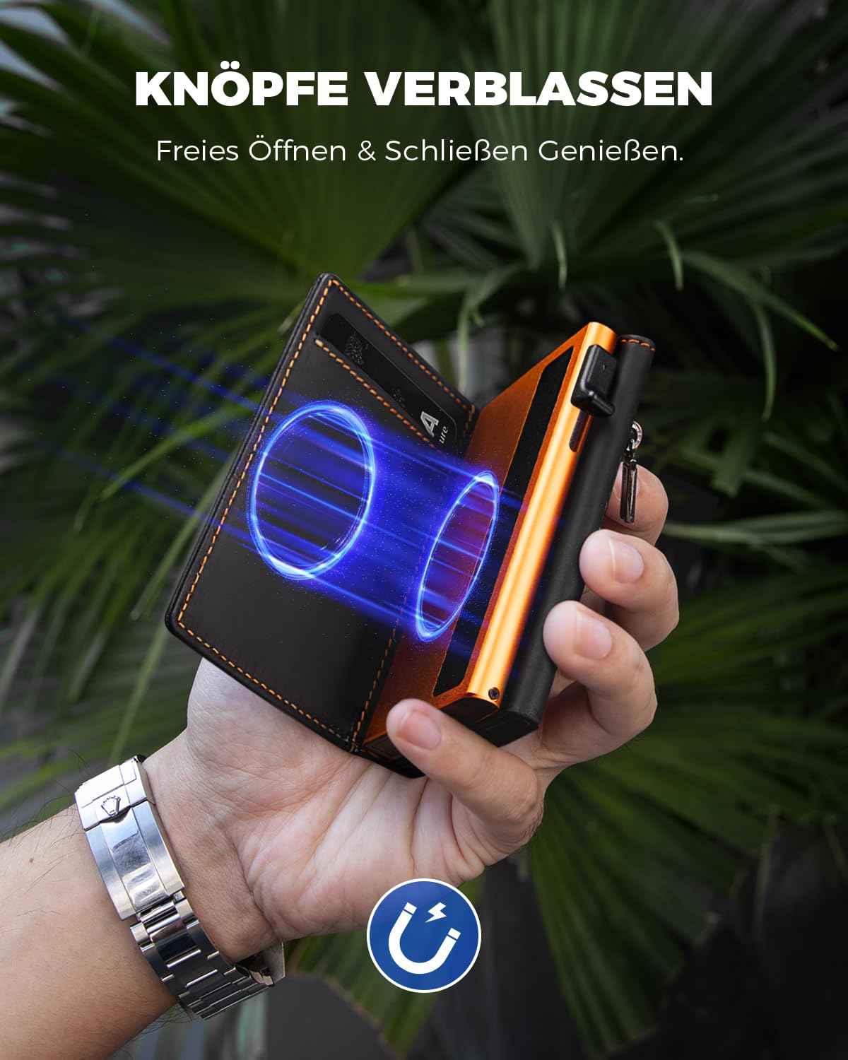 DODENSHA MagSnap Portmonee Herren I Slim Wallet mit Münzfach I Kreditkartenetui Geldbeutel für 10+ Karten I Magnetischer Verschluss Geldbörse Herren I RFID Schutz I SchwarzOrange