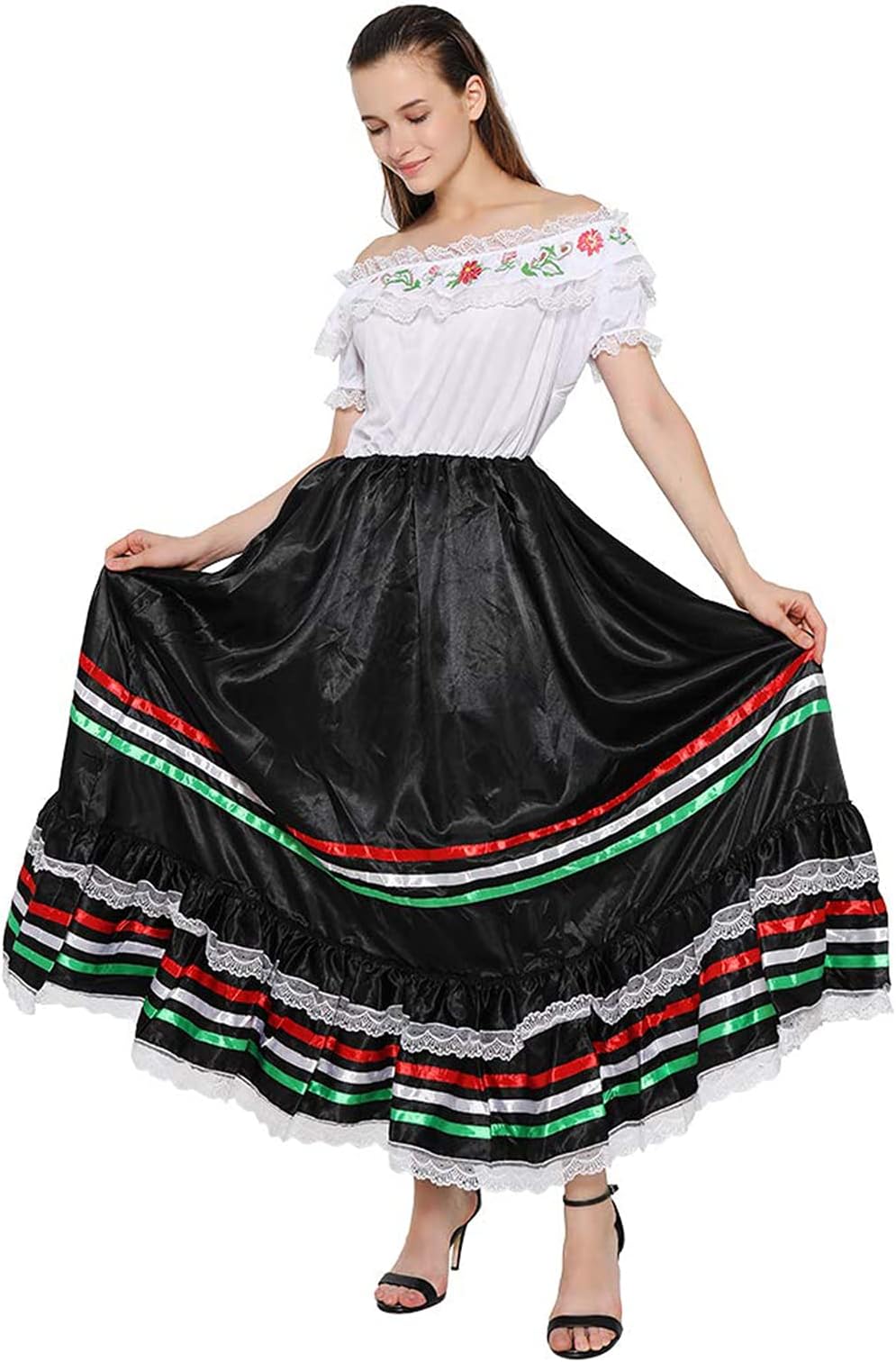 Women Traditional Mexican Dress Lace Flower Senorita Costume Festival Party Spanish Dress