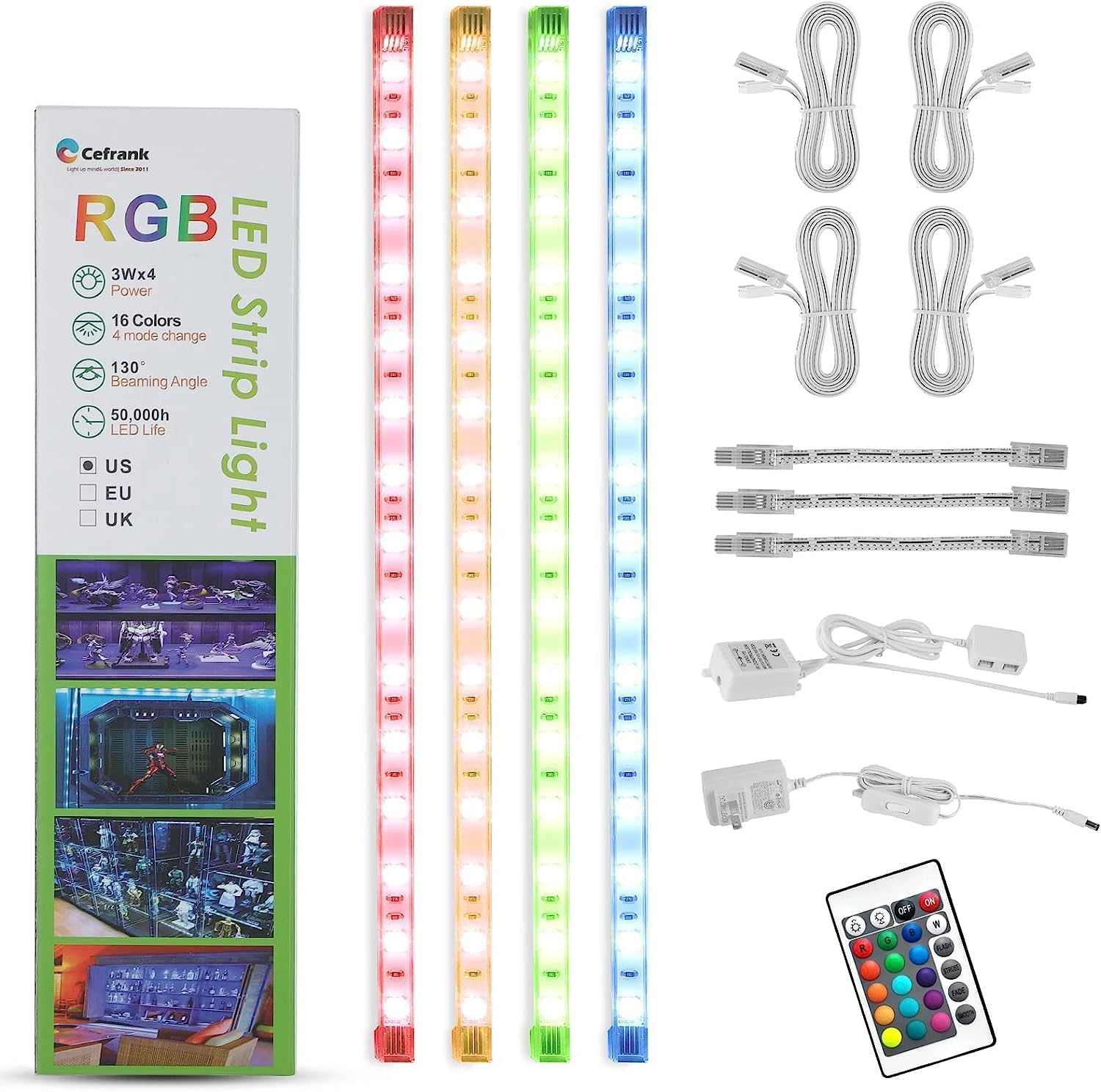 Cefrank 4X 12 Linkable RGB LED Shelf Light Bars Kit for Display Cabinet - Remote Control, Multi-Colors