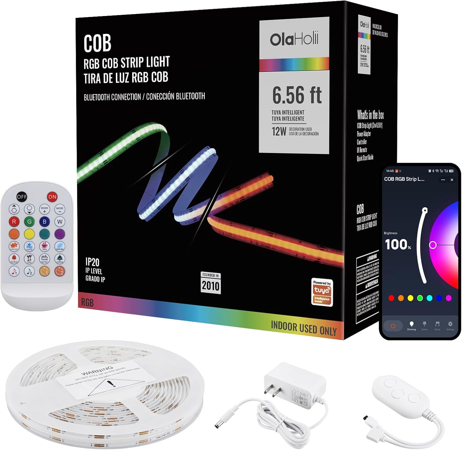 6.56ft Bluetooth RGB COB Led Strip Light with App, IR Remote