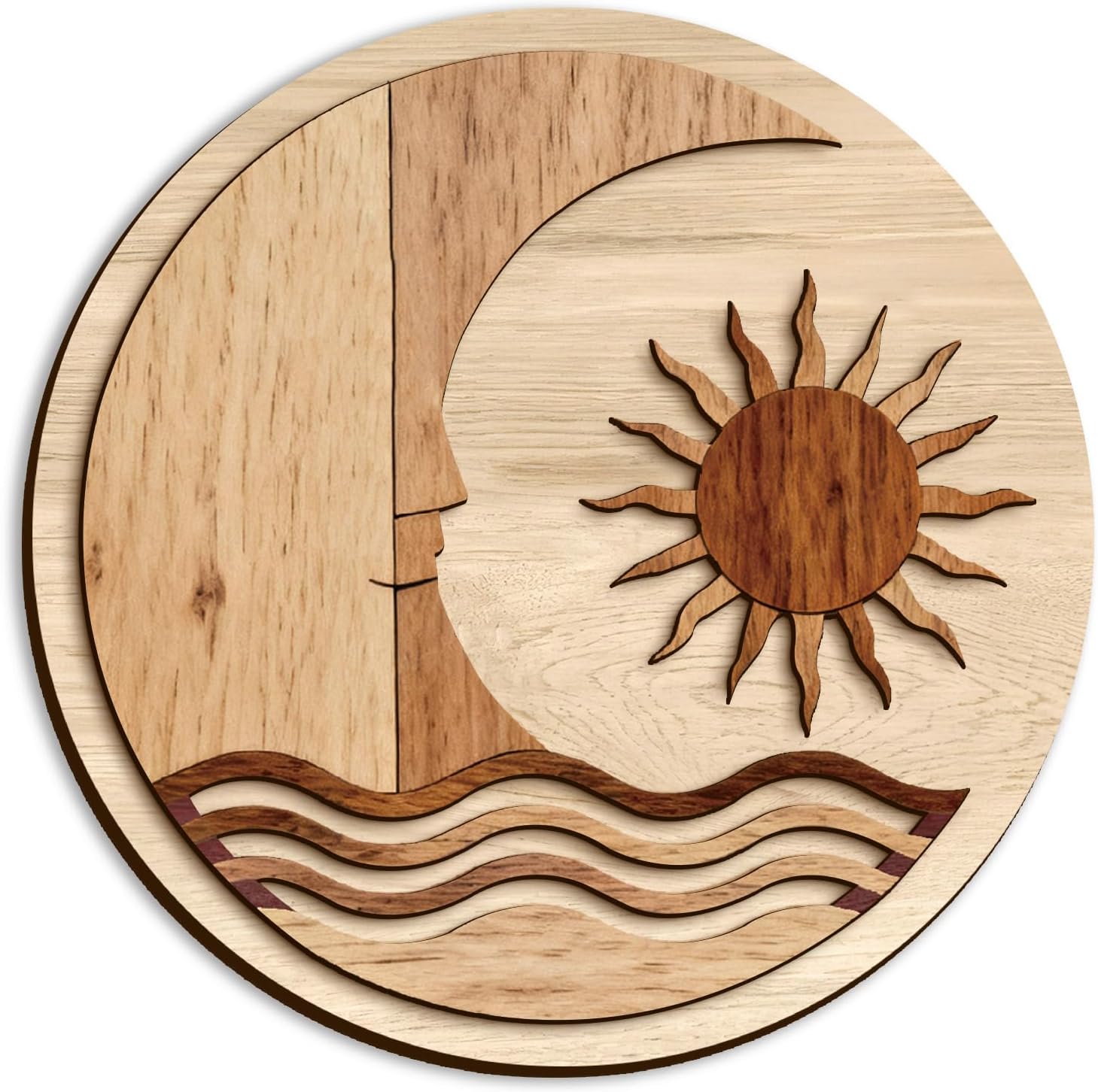 Kercan Sun and Moon Round Wood Wall Decor, 11.8 Inch Boho Entryway Wall Art