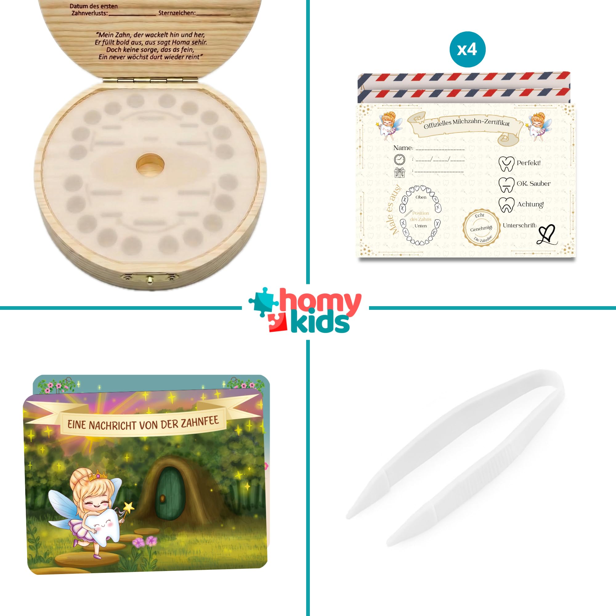 HOMYKIDS® Milchzahnbox für Jungen und Mädchen [DEUTSCH] – Zahnbox für Milchzähne - Zahndose aus Naturholz + [E-BOOK KOSTENLOSES] – Zahnfee Box (Deutsch - Zahnfee)