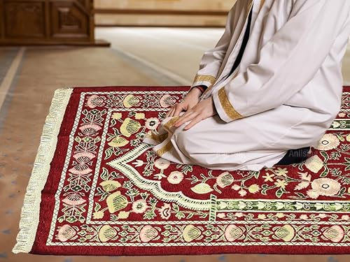 Miniatura 5 de Anlising Tapete de oración musulmana con bolsa de diseño elegante, alfombra plegable portátil para Ramadán (rojo)