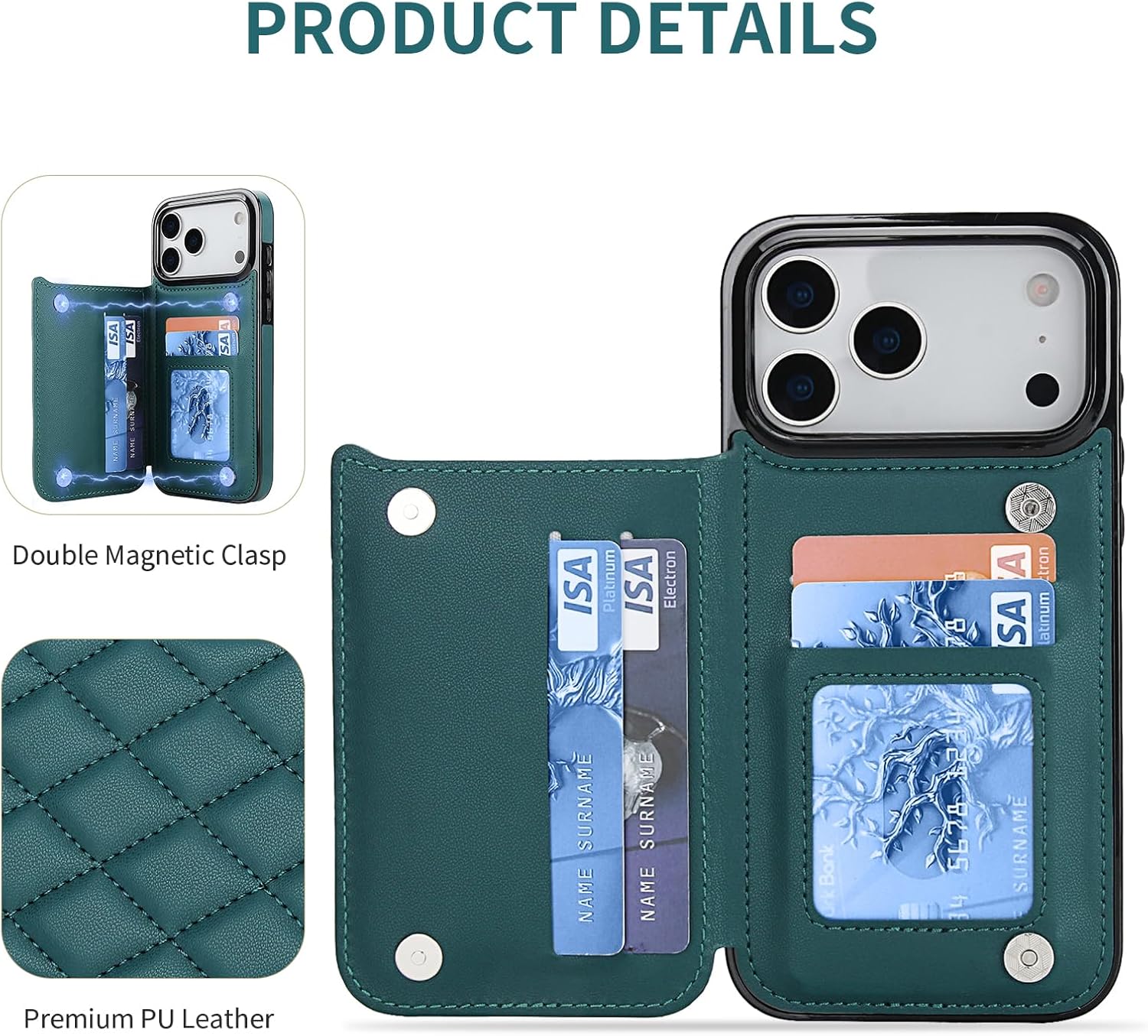 Wallet Case for iPhone 17 Pro Max with Card Holder, Ring Kickstand Card Slots Leather Case with Double Magnetic Clasp Shockproof Phone Cover 6.9 Inch 2025, Dark Green - Image 6