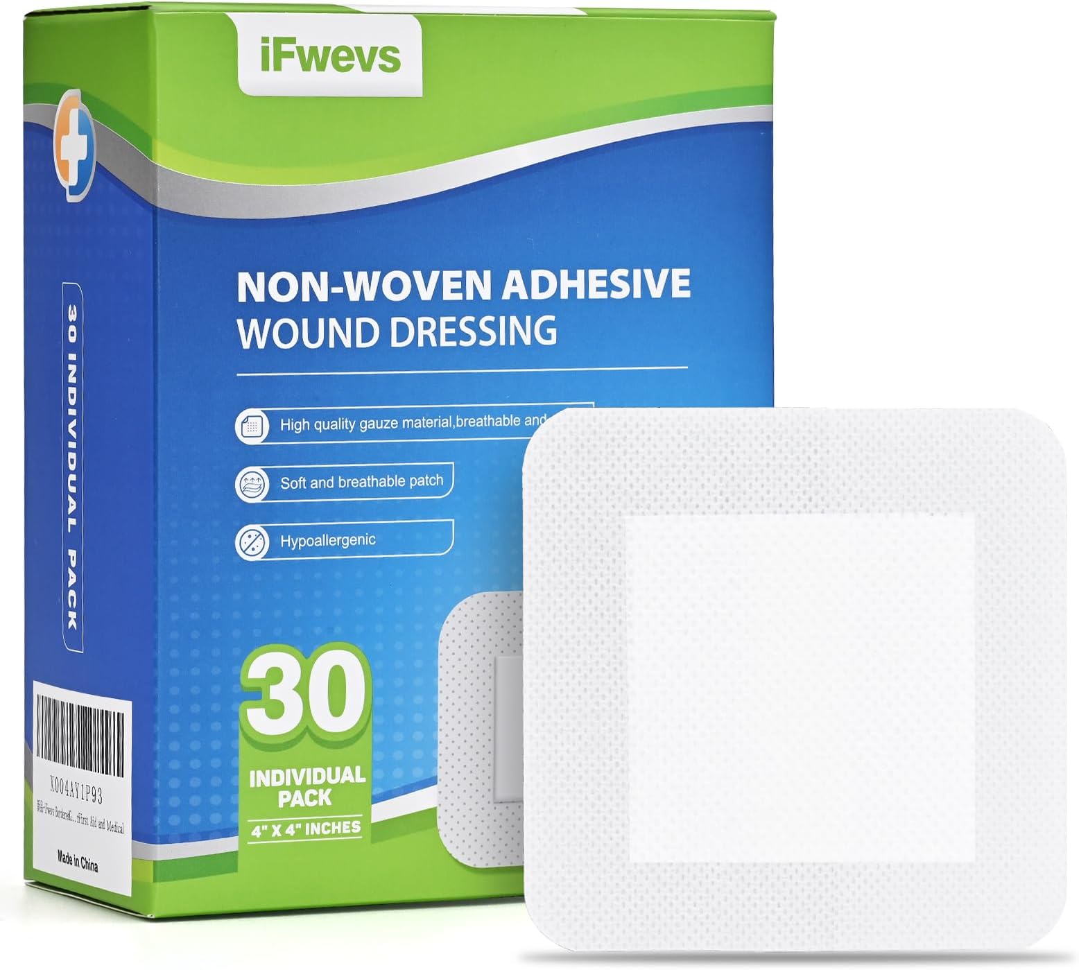 30 Count Bordered Gauze Island Dressing - 4" x 4" Sterile Individually Wrapped Gauze Pads Highly Absorbent, Non-Woven Backing -Breathable Wound Dressing for First Aid（2x2 Non-Stick Pad in Center）