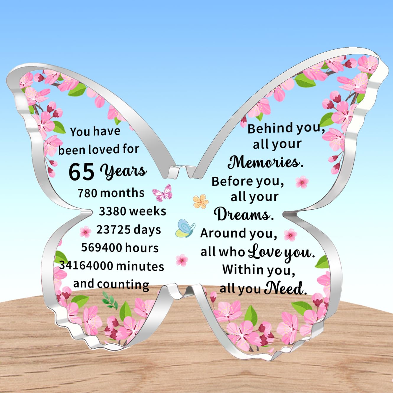 AMZQ Inspirational 65th Birthday Gifts for Women Transparent Butterfly Shape Acrylic Birthday Present Ideas for 65 Year Old Woman