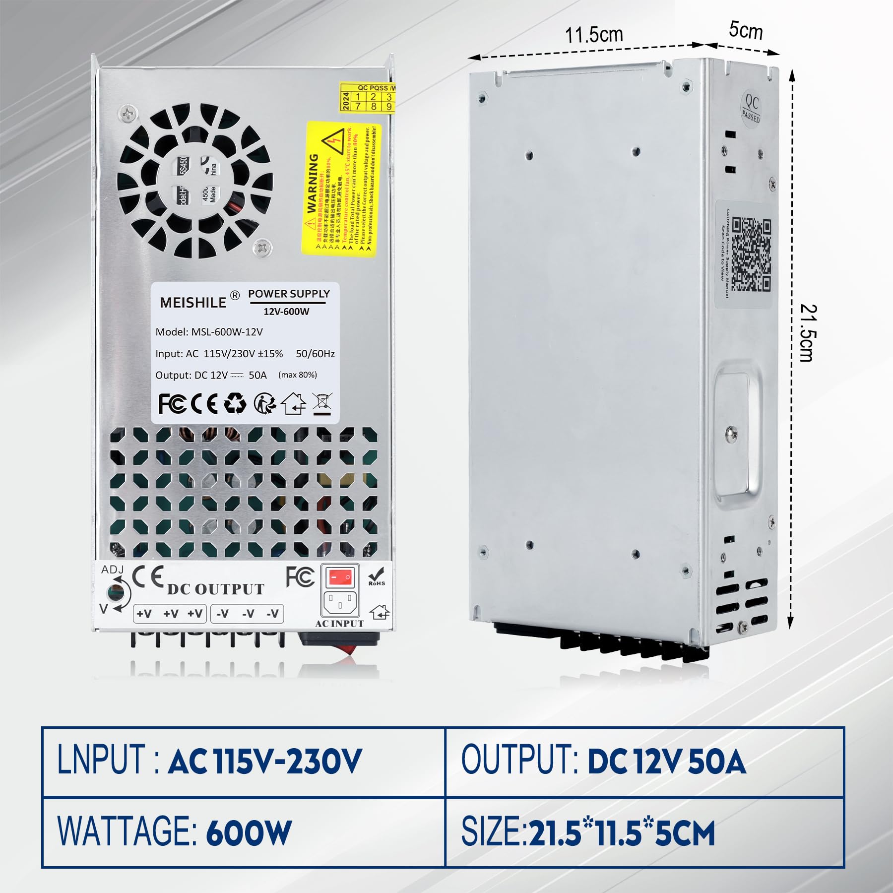 Alimentation à découpage MEISHILE 12V 50A 600W CA à CC Universelle 230V 220V pour Bande LED
