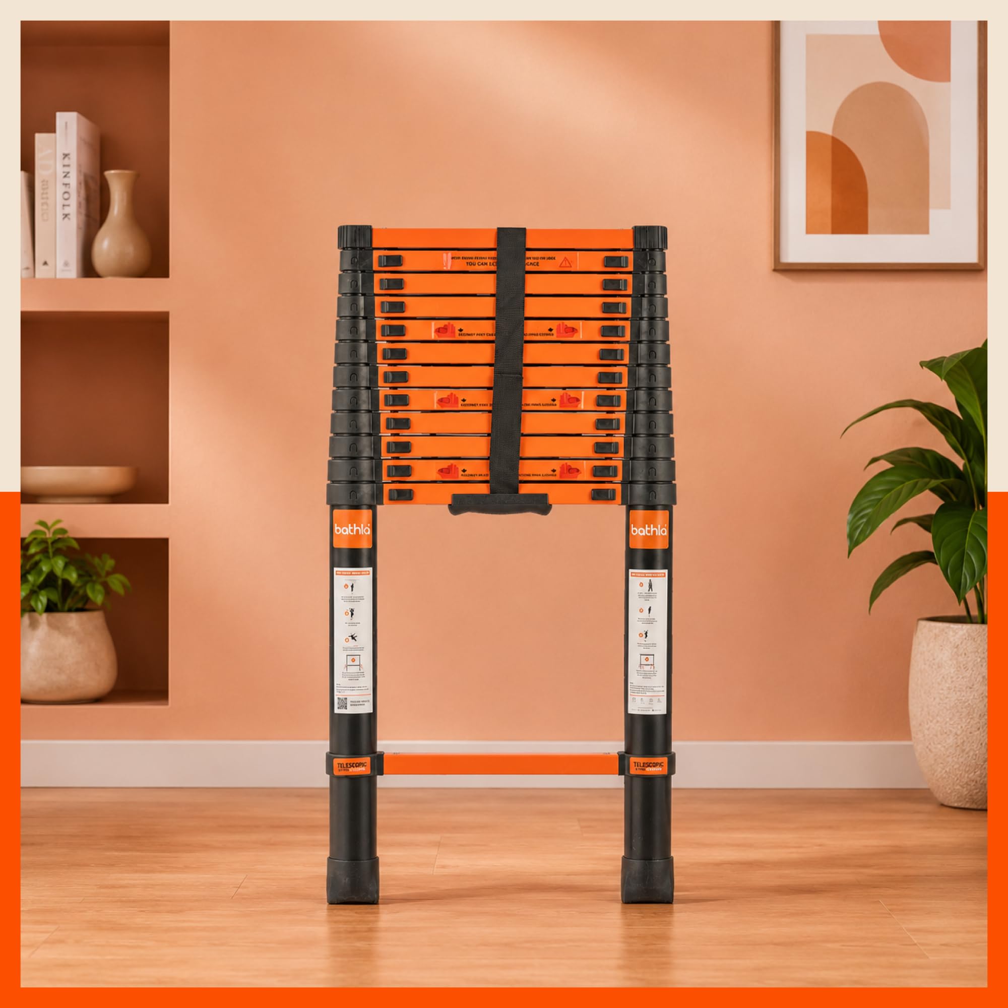 Bathla Carbon Steel Telescopic Ladder 16.5 ft (5m) - 13 Steps | Portable & Compact | Foldable Multipurpose Step Ladder for Home & Outdoor use