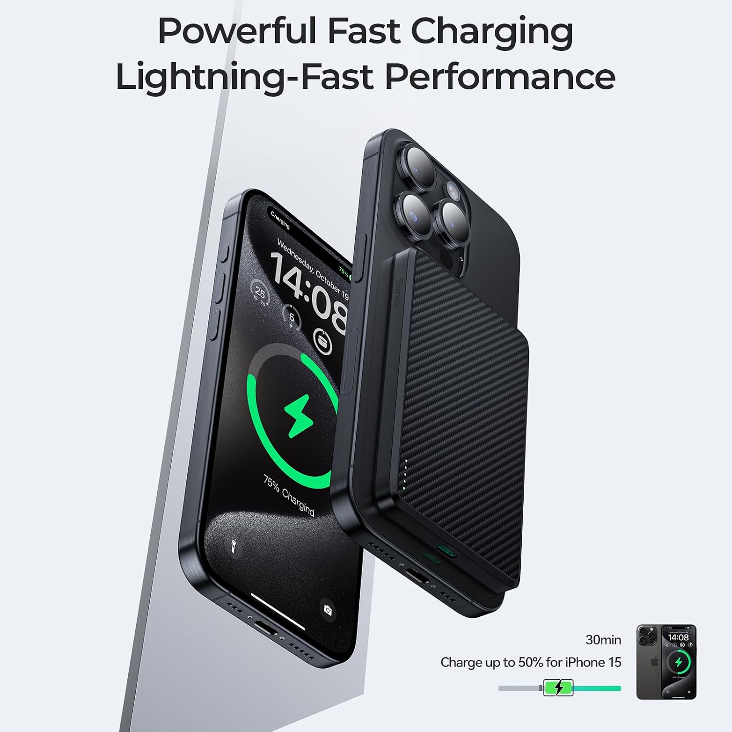iPhone displaying 75% charge with the BENKS ArmorGo power bank attached, indicating fast charging