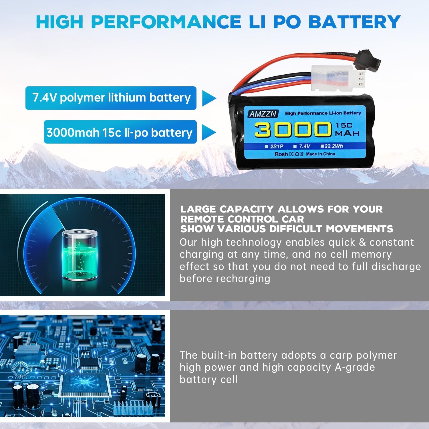 7.4V 3000mAh 15C 2S SM-2P Plug Li-ion Battery with USB Charging Cable for RC Ship, Car, Truck, Boat, Drone