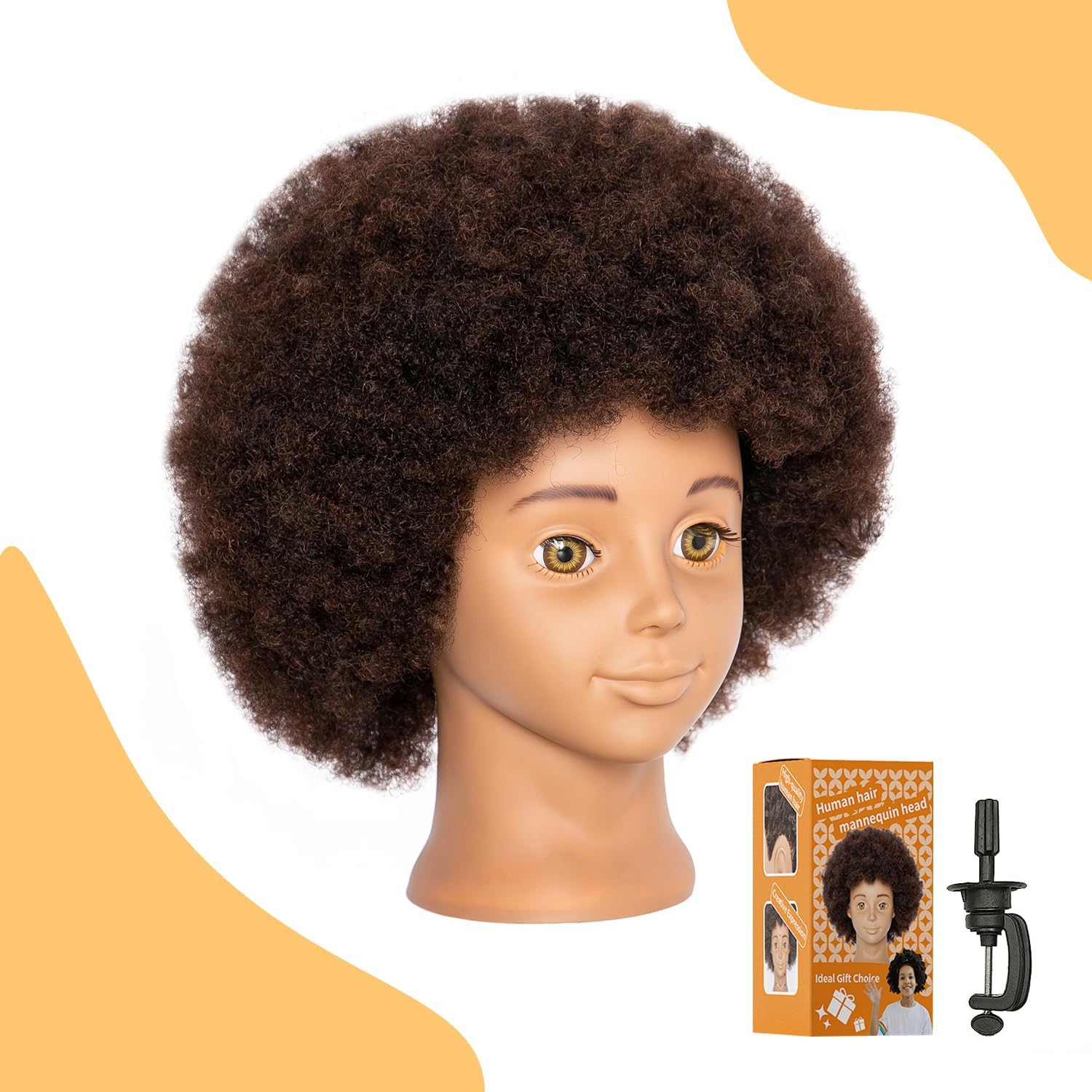 Mannequin Head Human Hair African Mannequin Head with 100% Human Hair Manikin Doll Head for Hair Styling with Cute appearance and embed Curly Cosmetology Manican Mannequins Heads with Stand