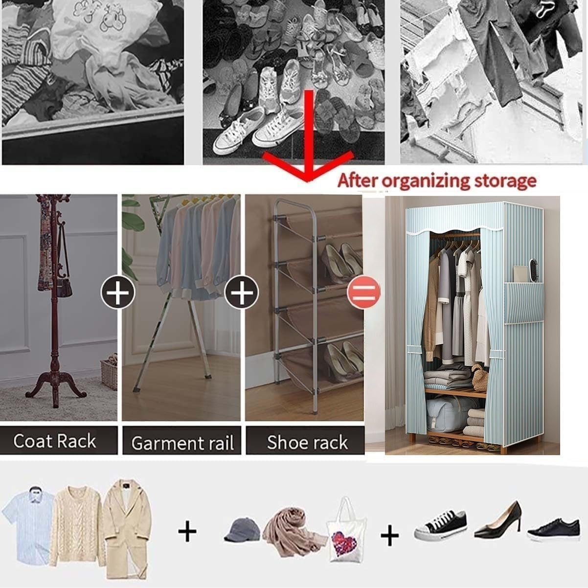 Portable Bamboo Closet Clothes Organizer Wooden Garment Rack With Fabric Cover Wardrobe Coat Stand With Storage Shelves For Bedroom (Color : Light Blue, Size : 90x41x165cm)