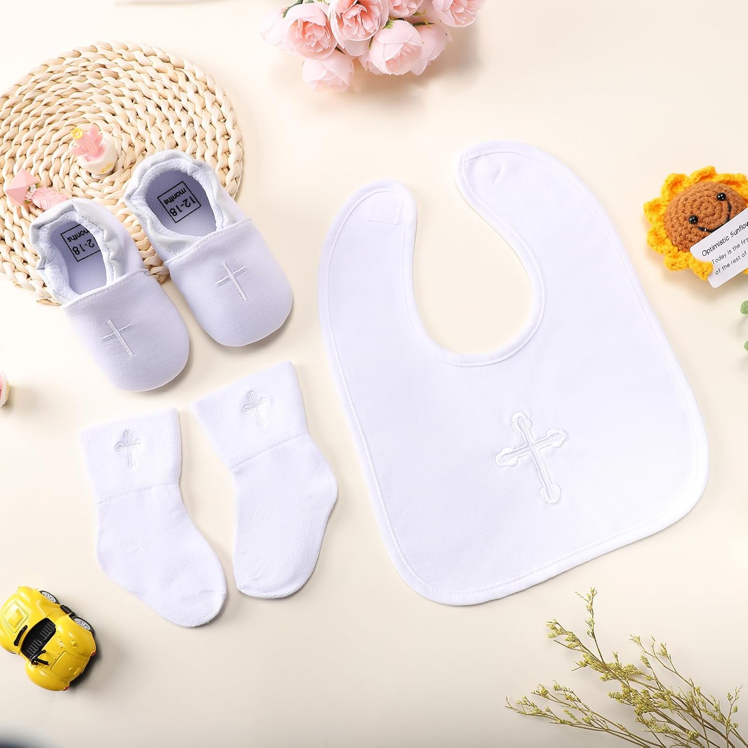 Baptism Gifts Set for Boys and Girls,White Embroidered Cross Bibs Christening Shoes and Socks for Baby Infant. - Image 5