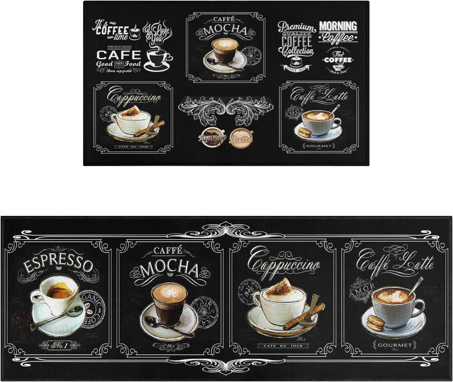 Faptoena Black Coffee Kitchen Rugs and Mats Set of 2 Coffee Cup Latte Mocha Art Decoration Non Slip Super Absorbent Kitchen Sink Mats Waterproof and Washable Runner Rugs for Laundry Room
