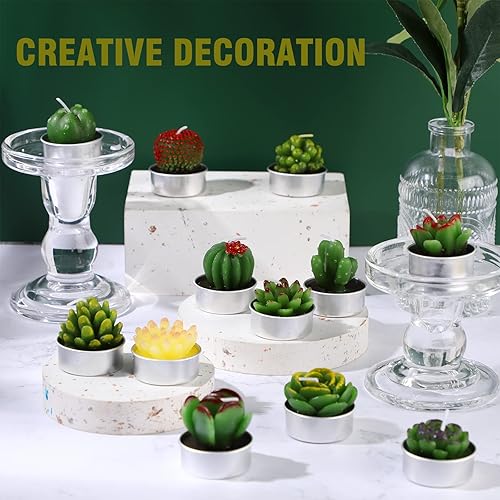 Miniatura 3 de TecUnite 12 velas de cactus hechas a mano, delicadas velas de cactus suculentas, sin humo, velas de plantas para decoración del hogar, cumpleaños,