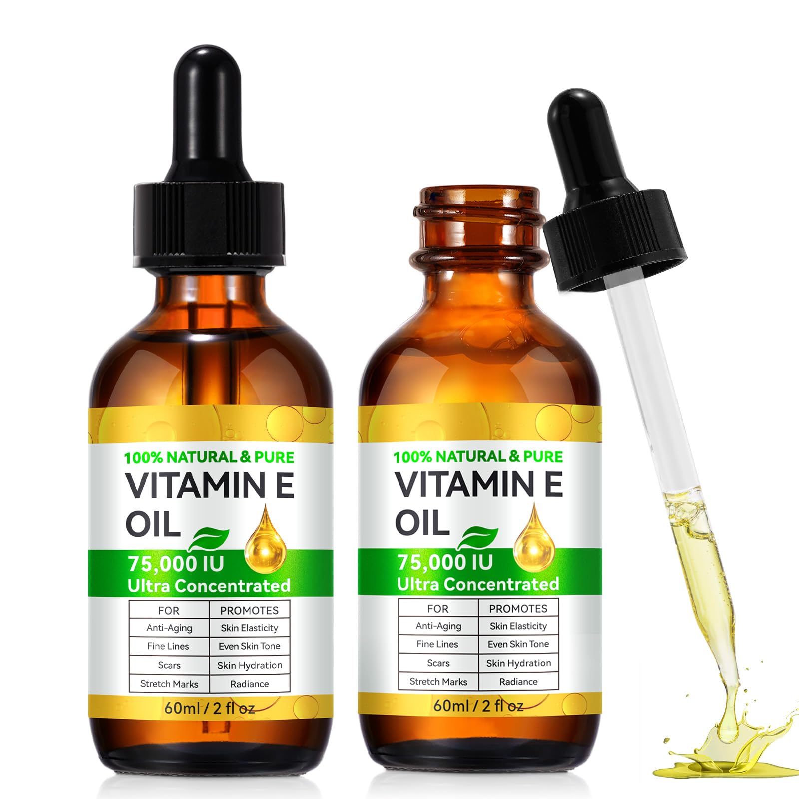2PCS Vitamin E Oil for Skin Blend 75,000 IU, Organic Pure Vitamin E oil for Scars Hair & Face, Non GMO, Cold Pressed