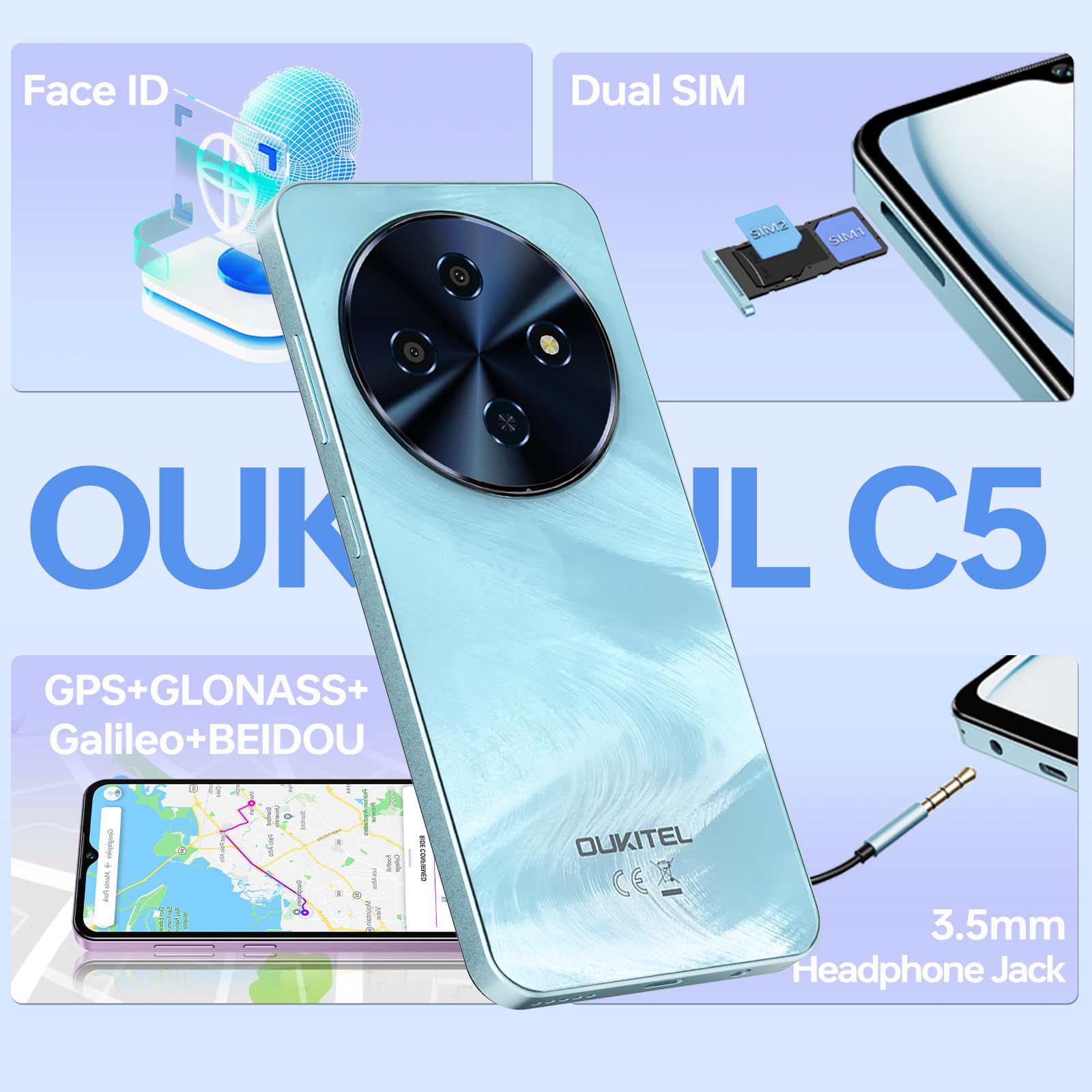 C5 Smartphone Offerta, 16GB+128GB/1TB, 6.52" Telefono Cellulare | 5000mAh Cellulare in Offerta, 13MP+5MP Telefoni, Smartphone 4G Dual SIM/Face ID/GPS/OTG/3.5mm Jack