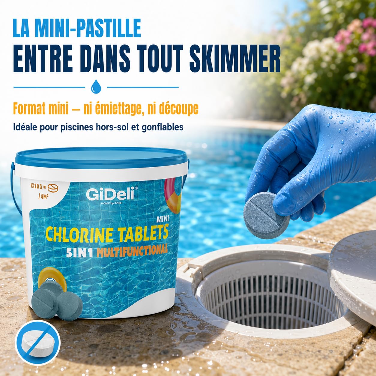 GiDeli Mini Galets de Chlore Piscine Multifonction 10kg - Tablettes Longue Durée 4-en-1 - Anti-Algues, Stabilisé UV, Floculation - Petites Piscines Hors-Sol, Tubulaires et Gonflables