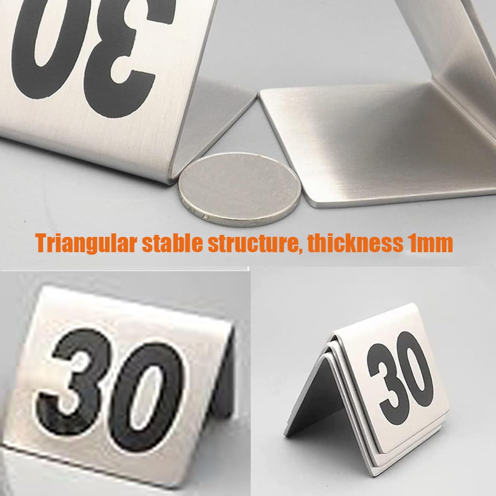 Juego de tarjetas con números de mesa de acero inoxidable, diseño apilable de doble cara, colas en restaurantes e identificación de números de llamada(1-50)
