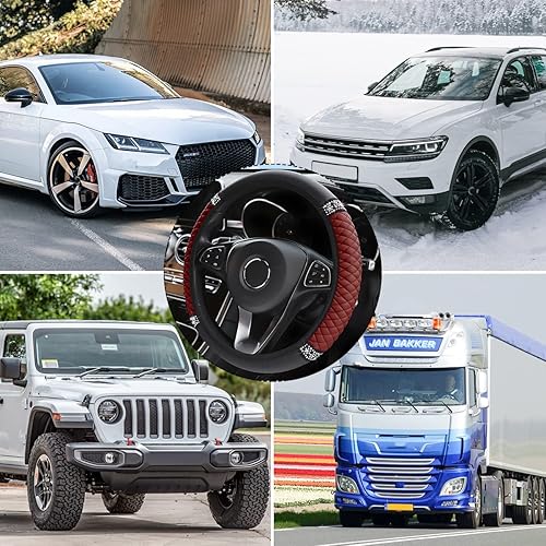 Miniatura 6 de Fekey&JF Funda de volante de cuero suave con brillantes, protector elástico de 15 pulgadas con diamantes de imitación, diamantes de imitación