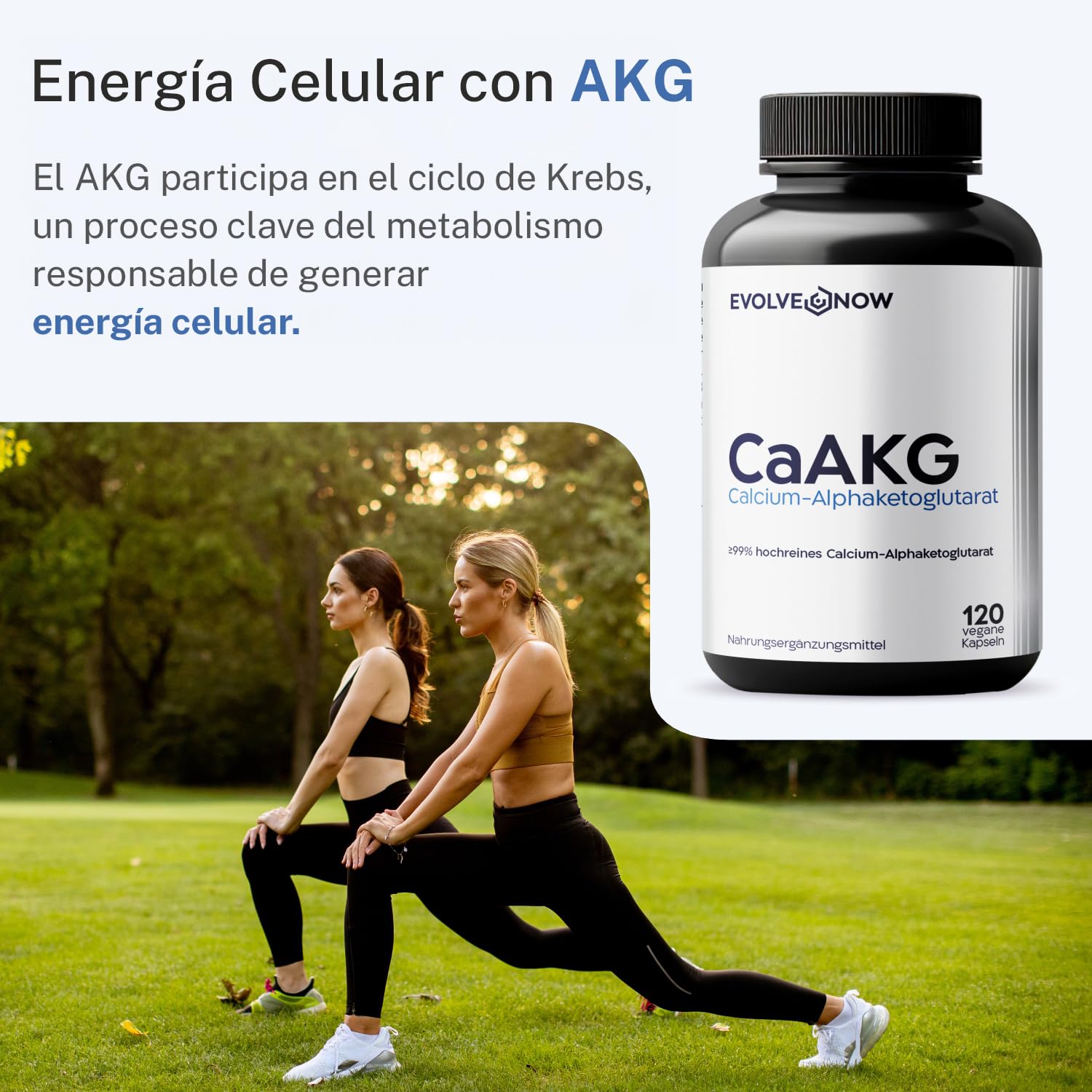 Evolve Now CaAKG – Alfacetoglutarato de calcio – 120 cápsulas veganas – Alta dosis – 1000 mg dosis diaria – Probado en laboratorio y libre de aditivos