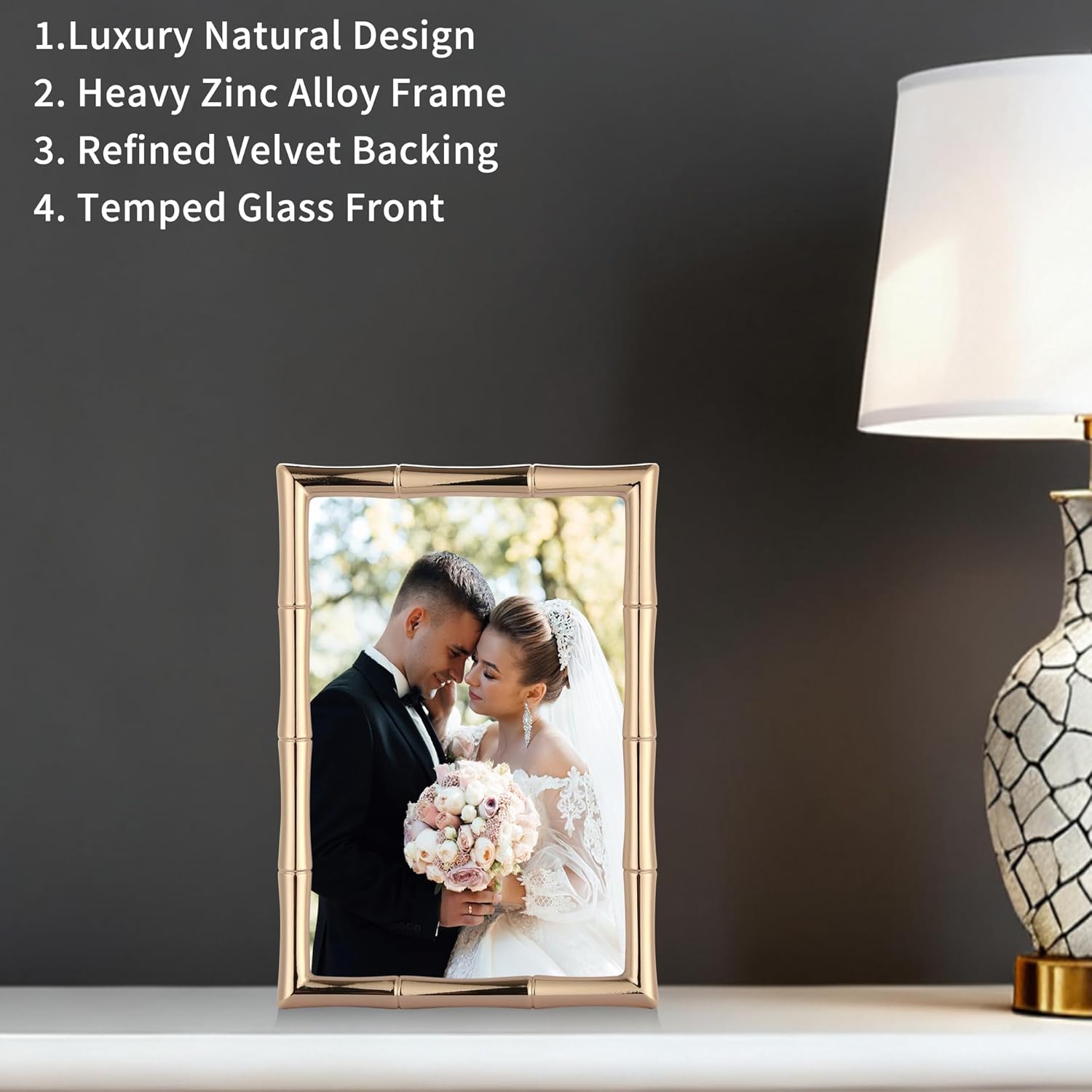 Classy 5x7'' Gold Bamboo Picture Frame,Luxury Zinc Alloy Gold Photo Frame with Velvet Backing & Tempered Glass,Tabletop & Wall Mount,Wedding Gift & High-End Home Decor