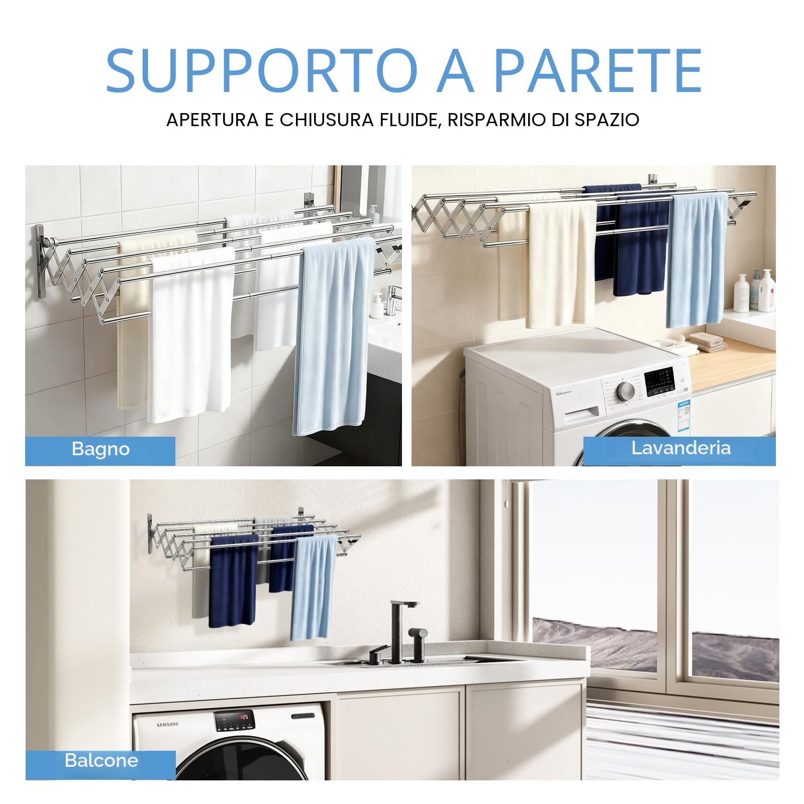 Stendibiancheria Estensibile da Parete,Stendibiancheria da Acciaio Inox per Interni ed Esterni con 7 Barre da 60 cm,Stendibiancheria Estensibile per Balconi e Sopravasca,60x52x18.5cm