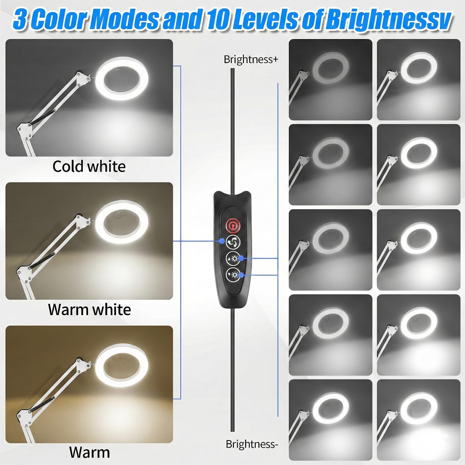 Loupe 15x 10x avec lumière et support, lampe de bureau grossissante 2 en 1 avec pince et base, 3 modes de couleur à intensité variable avec bras oscillant, lumière loupe lumineuse LED pour lecture