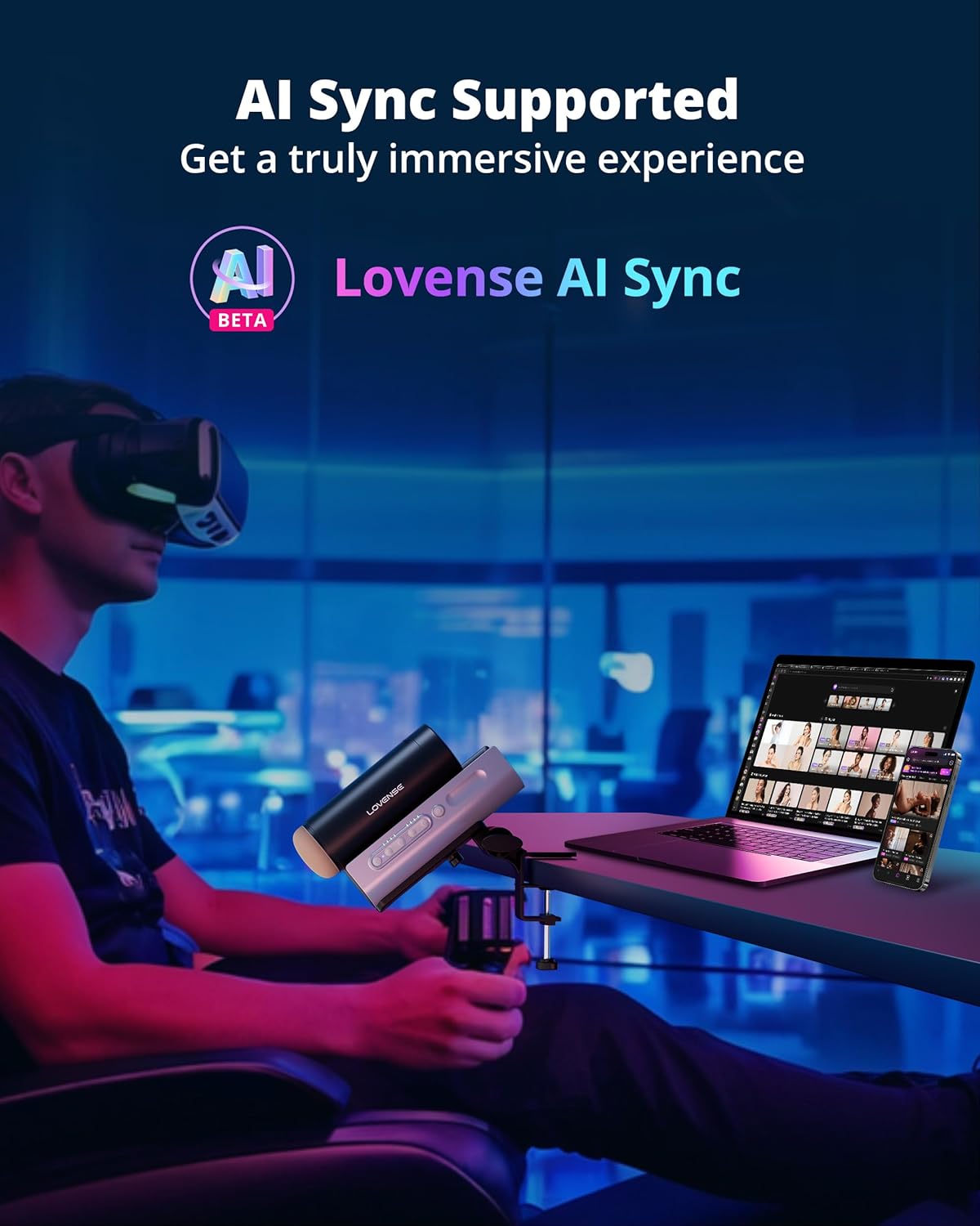 LOVENSE Solace Pro connected to a laptop and smartphone, showcasing AI Sync support for an immersive experience.