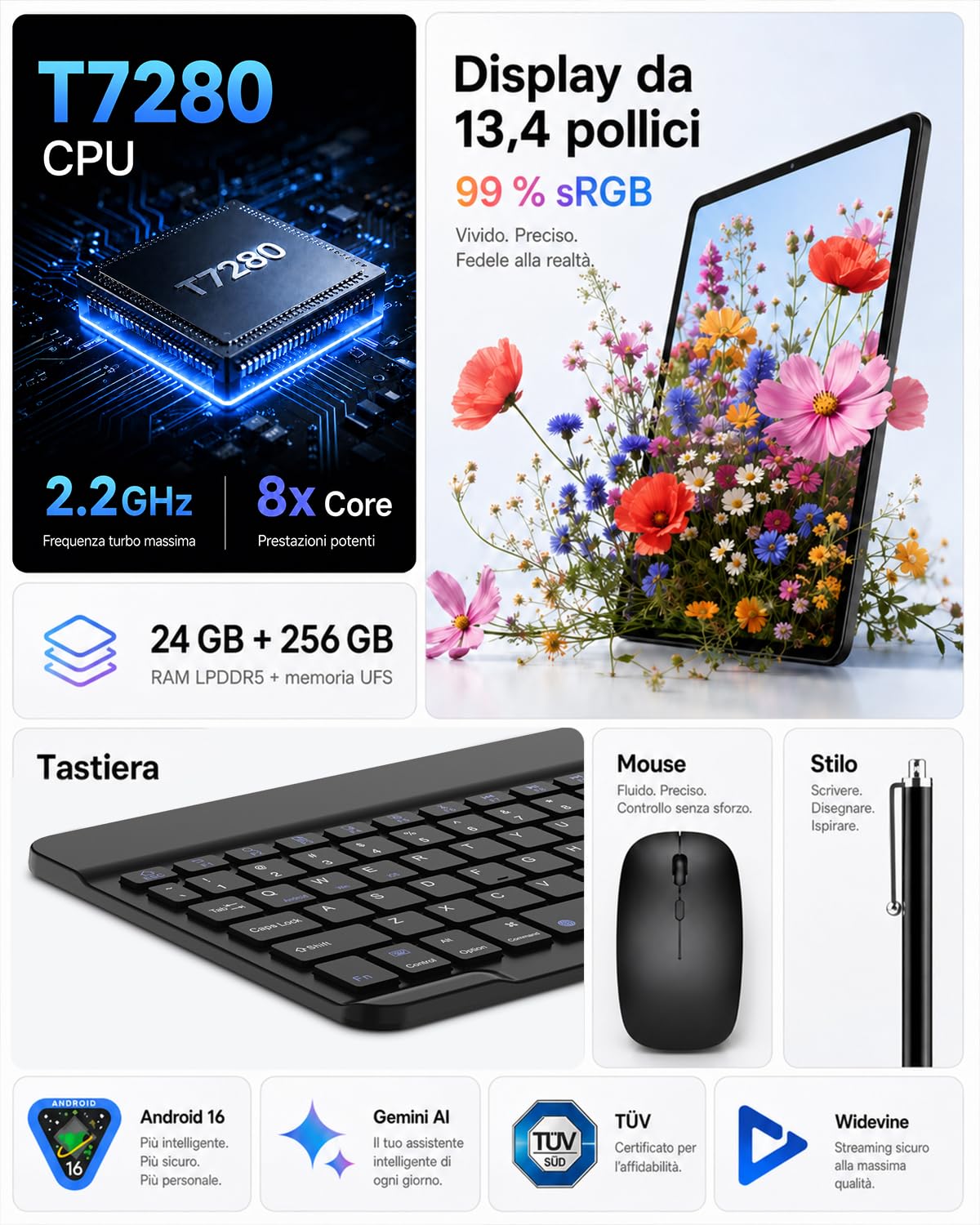 TABWEE Tablet 13,4 Pollici con Tastiera, Android 16, 24GB+256GB | Dallo studio allo smart working senza pause: 120Hz, mouse, penna e batteria da 10000mAh seguono ogni idea e progetto.