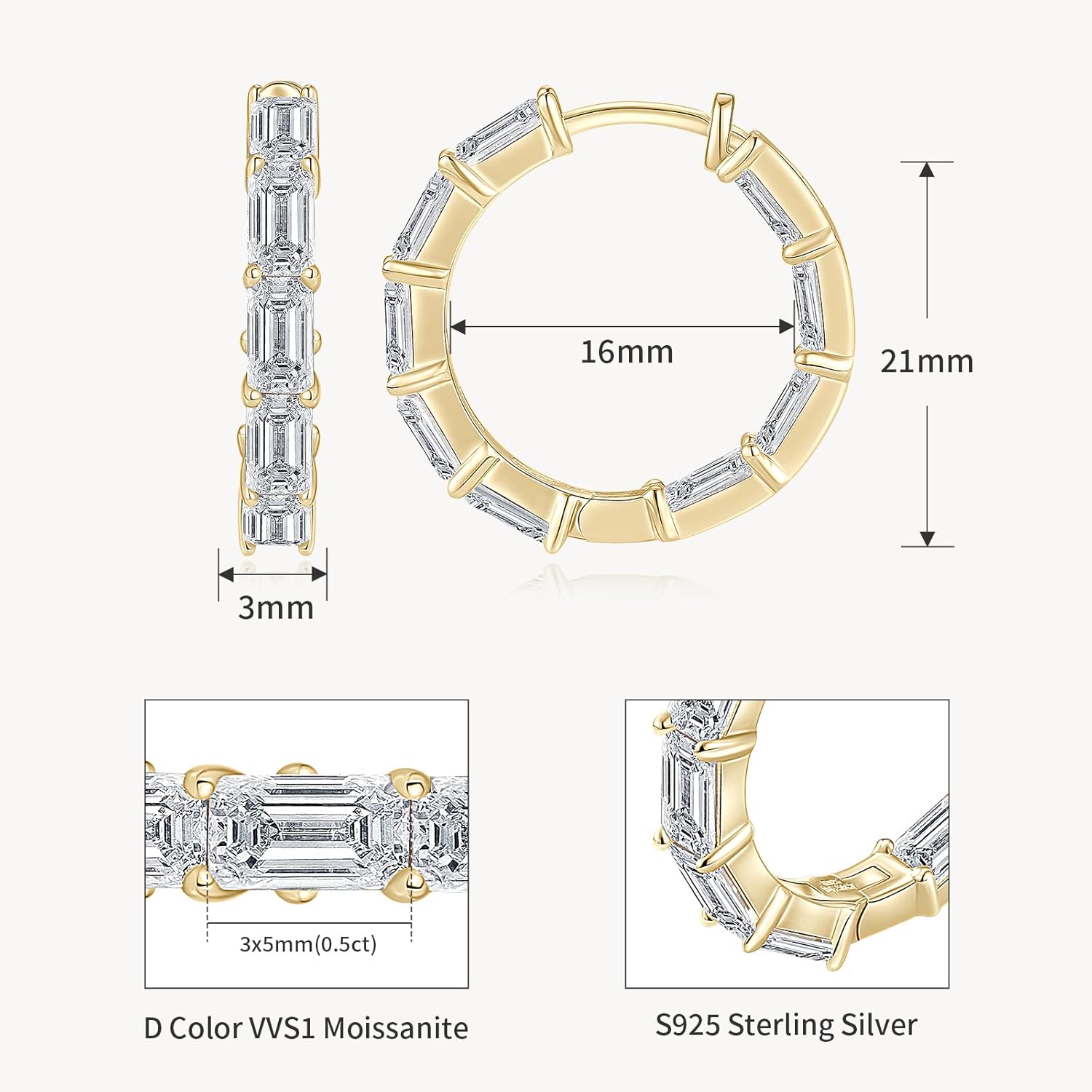 Moissanite Hoop Earrings, 9.0cttw D Color 3x5mm Emerald Cut Moissanite 925 Sterling Silver Round Earrings for Women Mom Wife Wedding Birthday Jewerly Gifts - Image 3