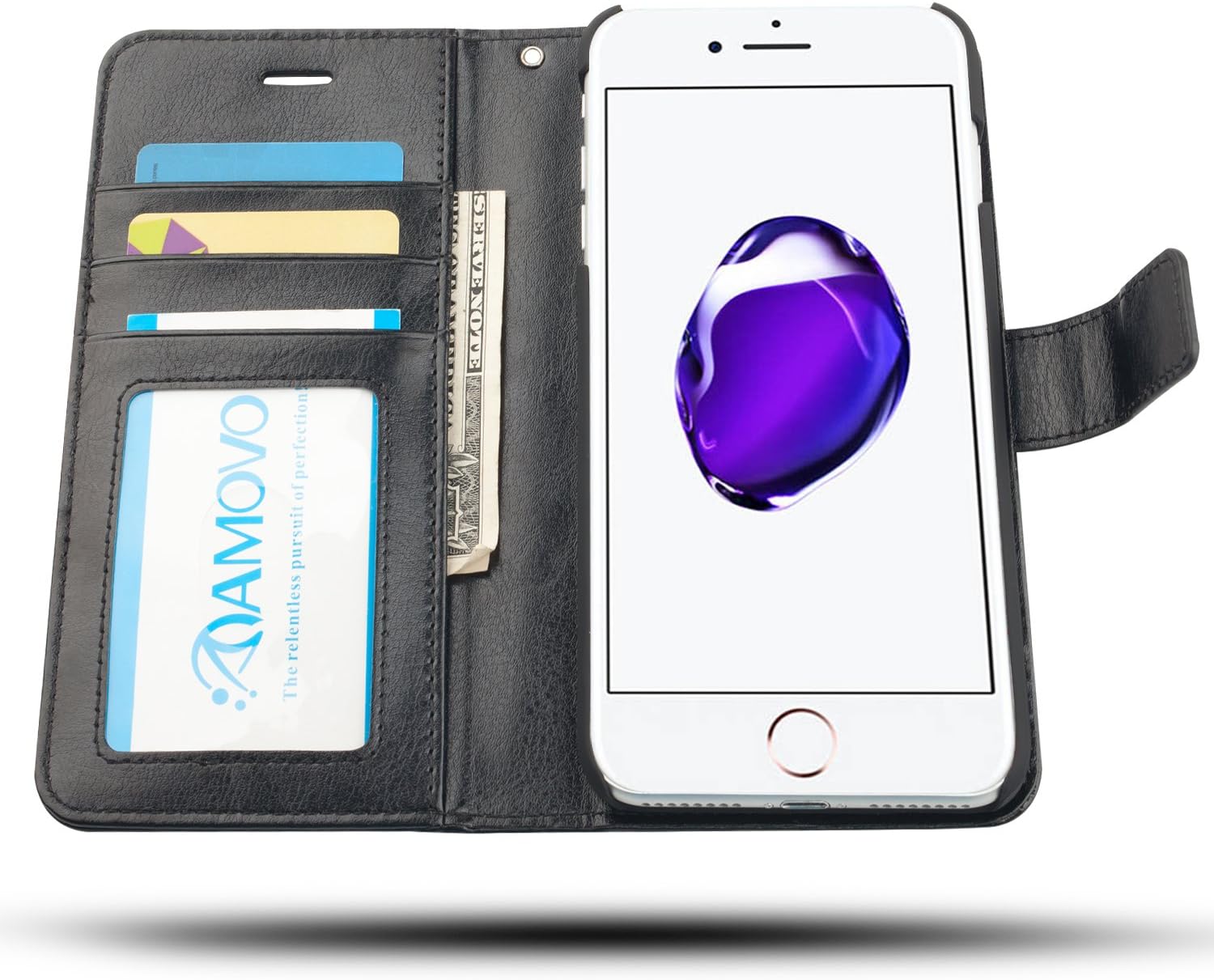 AMOVO Case for iPhone 7 [2 in 1], iPhone 7 Wallet Case [Detachable Wallet Folio] [Premium Vegan Leather] iPhone 8 Wallet Case with Gift Box Package (iPhone 7&8 (4.7") Black)