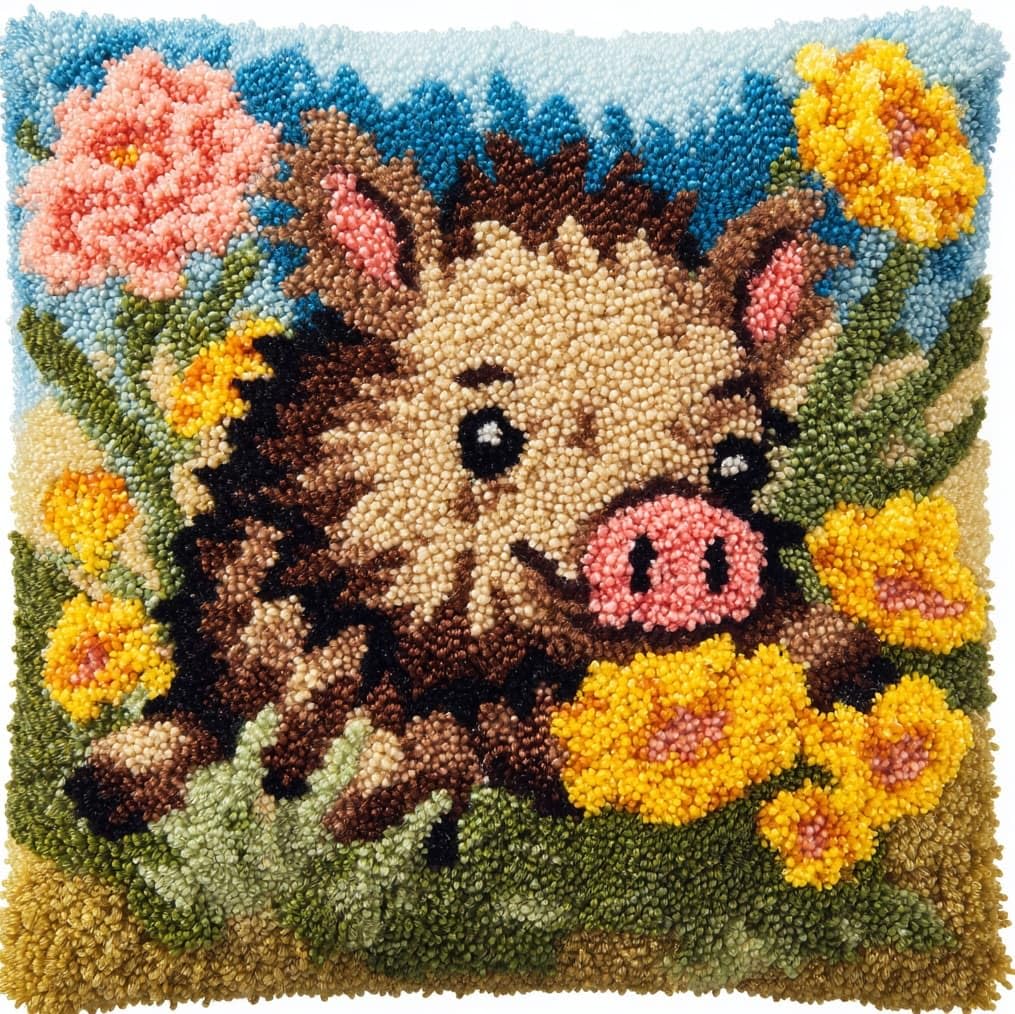 AxiangziK Latch Hook Pillow Cover Kit,Wild Boar and Flowers