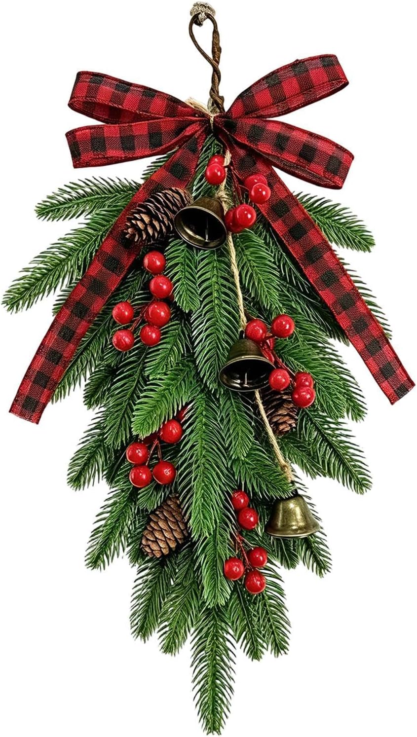 Christmas Swag Wreath, Holiday Door Decoration with LED Lights, 19.69 Inch