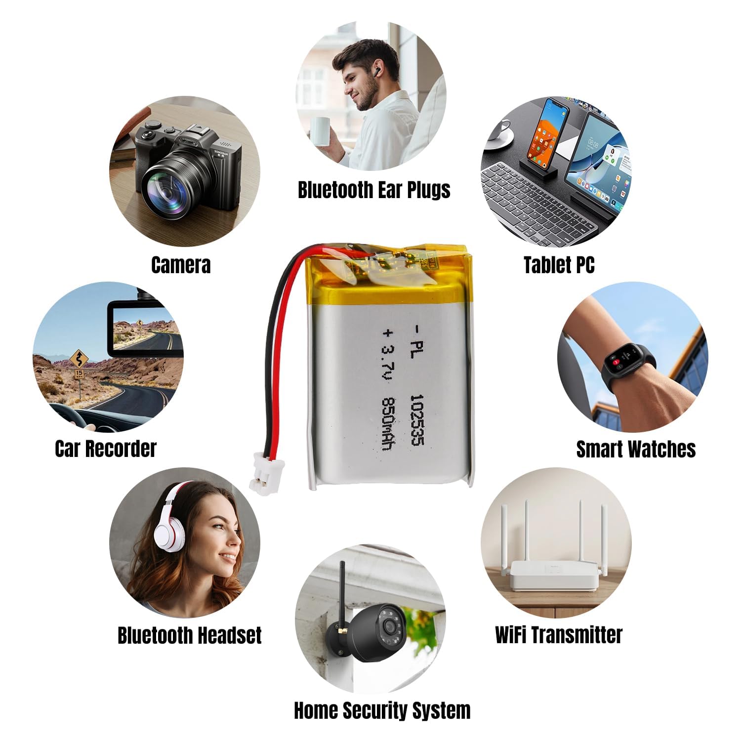 3.7V Lipo battery, 3.7V 850mAh 102535 Lithium polymer ions with 2P-PH connection with 2.0 mm Grid dimension — view 7