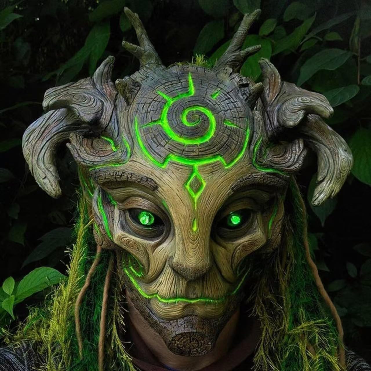 Halloween Green Elf Old Man Mask, Green Glowing Eyes, Mystical Antlers, Halloween Costume Accessory Halloween Green Elf Old Man Mask, Green Glowing Eyes, Mystical Antlers, Halloween Costume Accessory