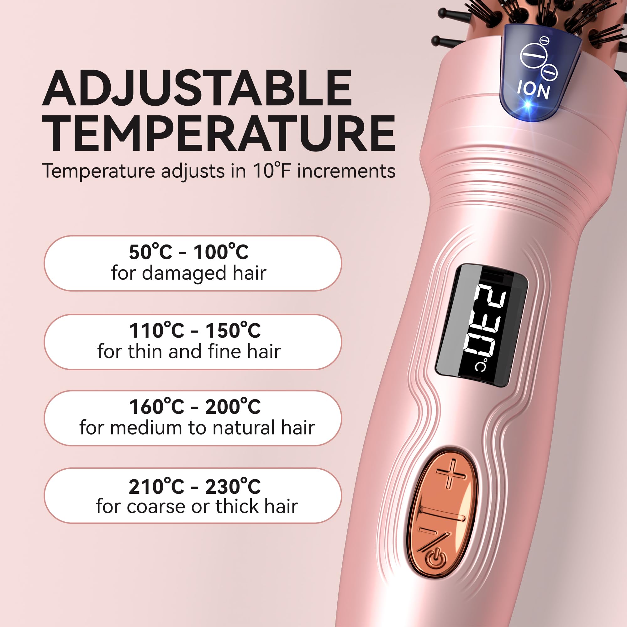 Thermal Brush, 27 mm Cepillo térmico Brushing, Mini cepillo calefactor, Rizador iónico de turmalina cerámica para pelo corto a medio largo, temperatura ajustable, doble tensión, rosa