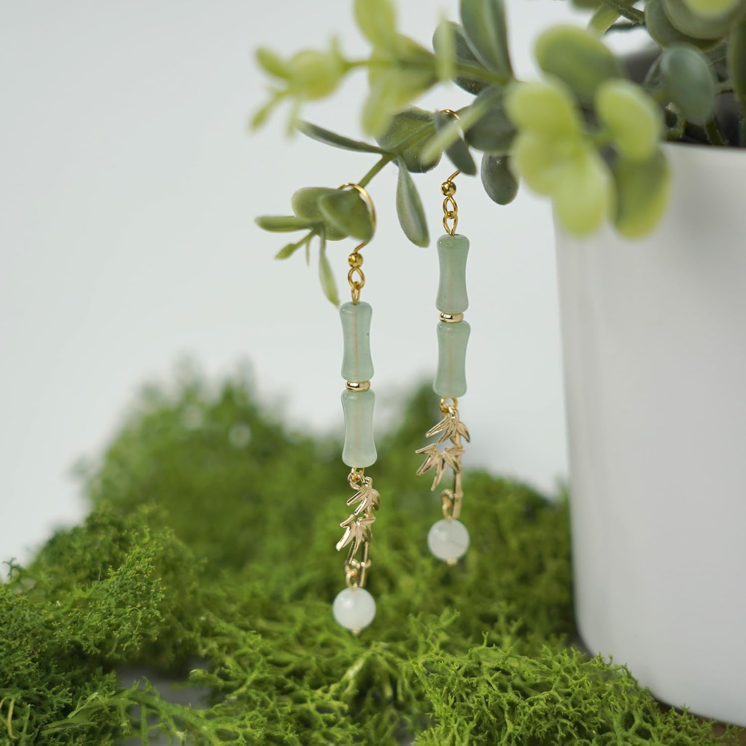 RainDesigns Handmade Natural Jade Bamboo Leaf Dangle Earrings Plant Leaf Fun 14K Gold Plated Jewerly Gift for Women Girl - Image 6