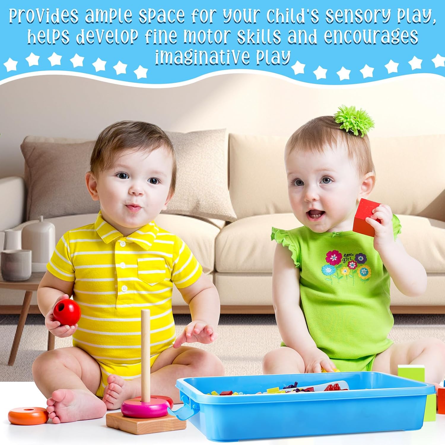 2 Pack Sensory Bin for Kids, Sand Tray with Lid, No-Mess Sensory Play Container for Sand, Building Blocks Storage, Portable Kids Activity Bin Indoor Outdoor(Blue, Green)