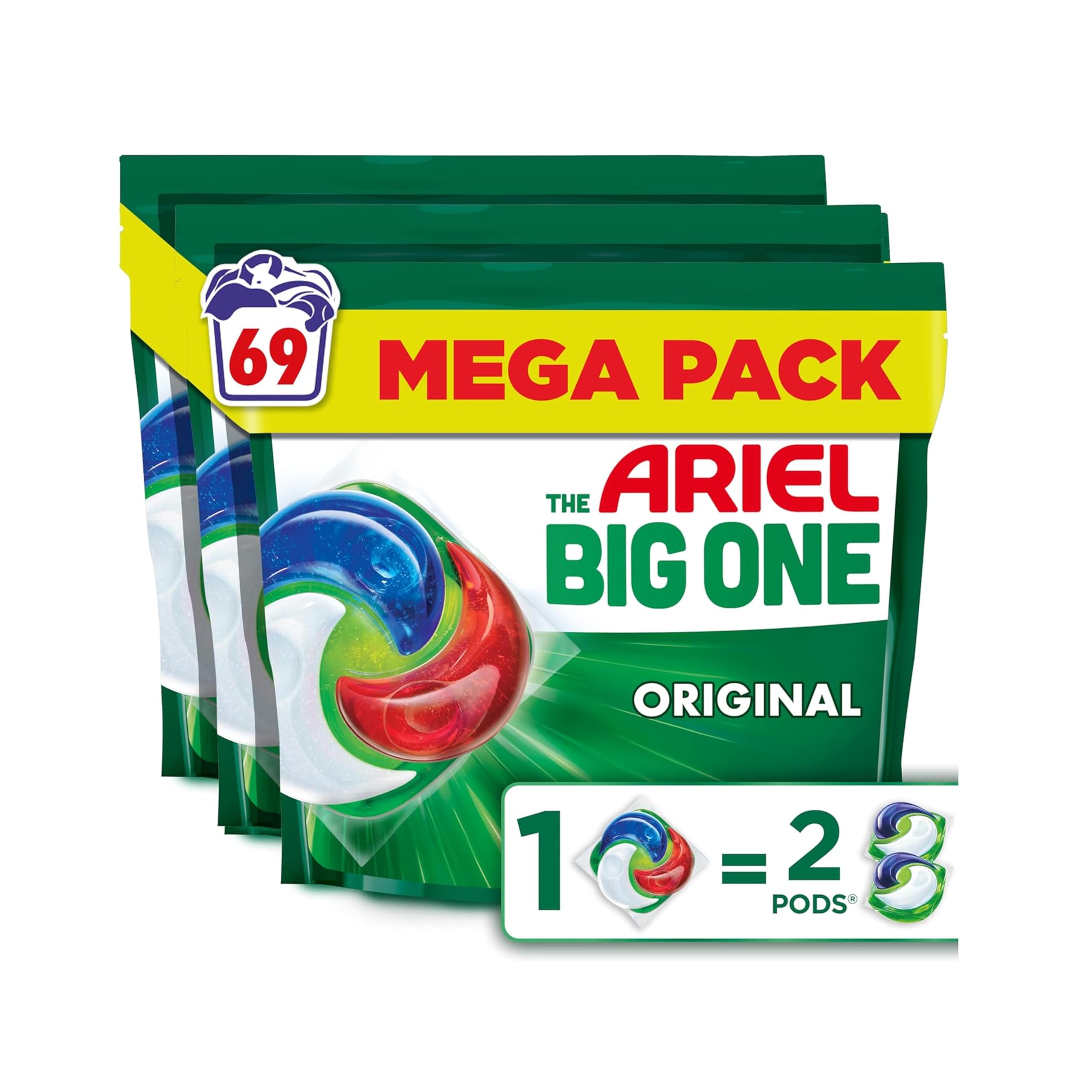 Ariel The Big One PODS - Cápsulas de detergente líquido para lavar ropa, 23 x 3 lavados, original, 2 veces más eliminación de manchas y olores, disolución rápida incluso en frío