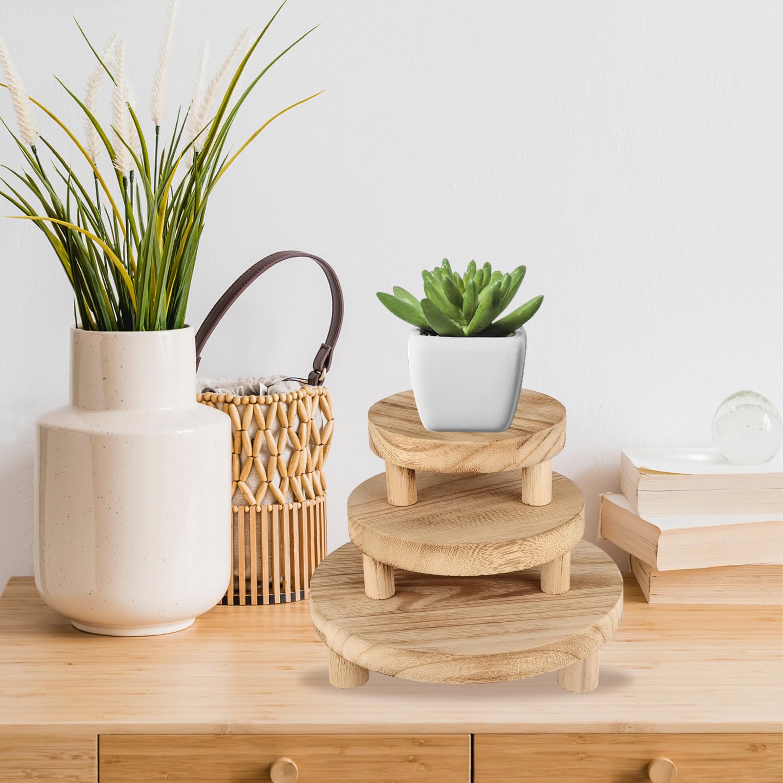 Taburete para Plantas, 3 Piezas Soporte Elevador de Plantas de Madera con Tres Diámetros Diferentes (15 cm, 20 cm, 25 cm) Taburete para Flores con Patas Extraíbles para Patio Jardín Sala de Estar