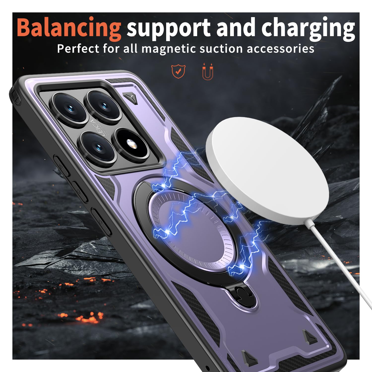 SORAKA Case for Xiaomi 14T with Ring Stand,Compatible with MagSafe Case for Xiaomi 14T case with Iron Sheet Rugged Shock-Absorbing case Military-Grade Drop Protection Purple