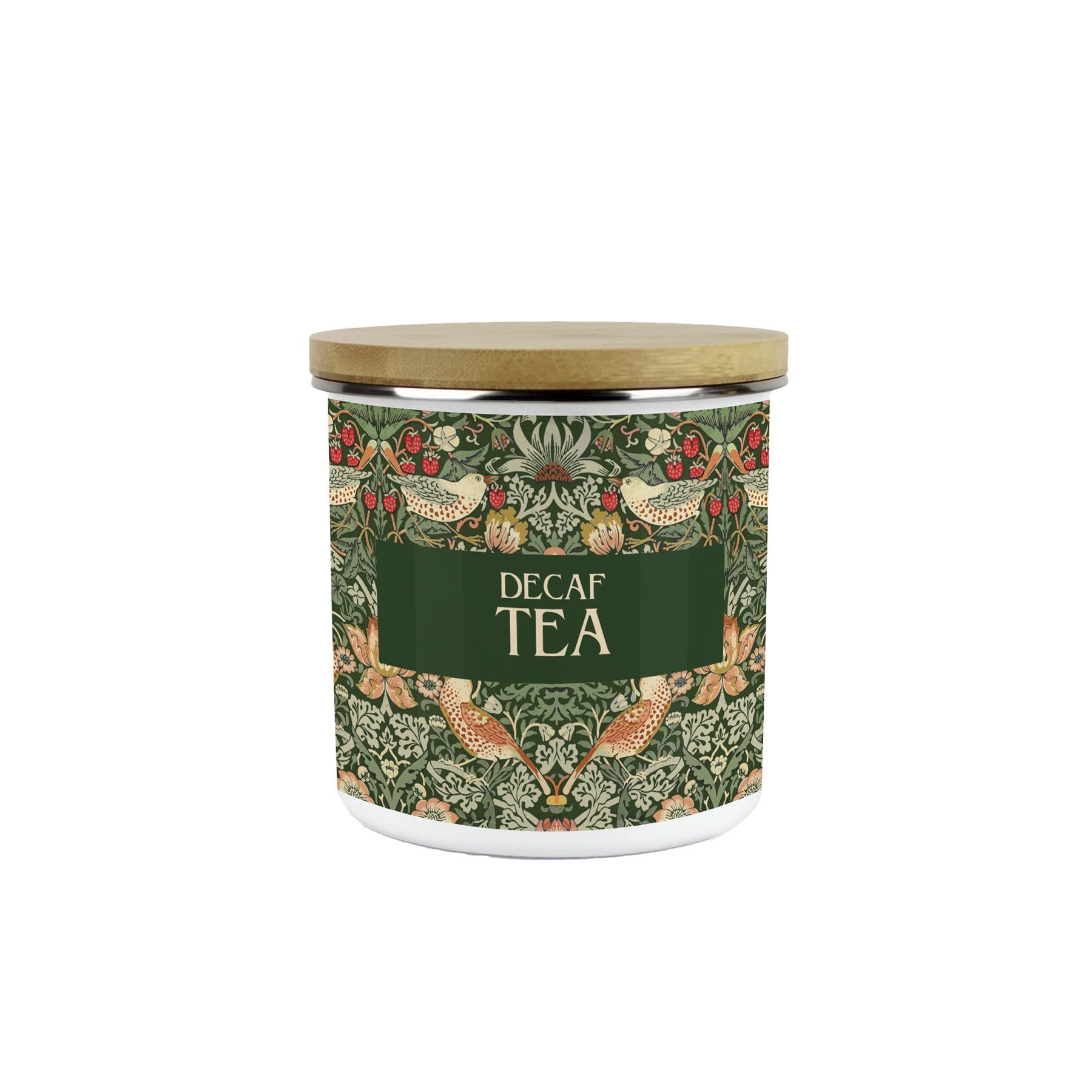 Purely Home Green Strawberry Thief Decaf Tea CanisterMorris Inspired Floral Tapestry ArtworkEnamel Kitchen Medium Storage Container from B&Q