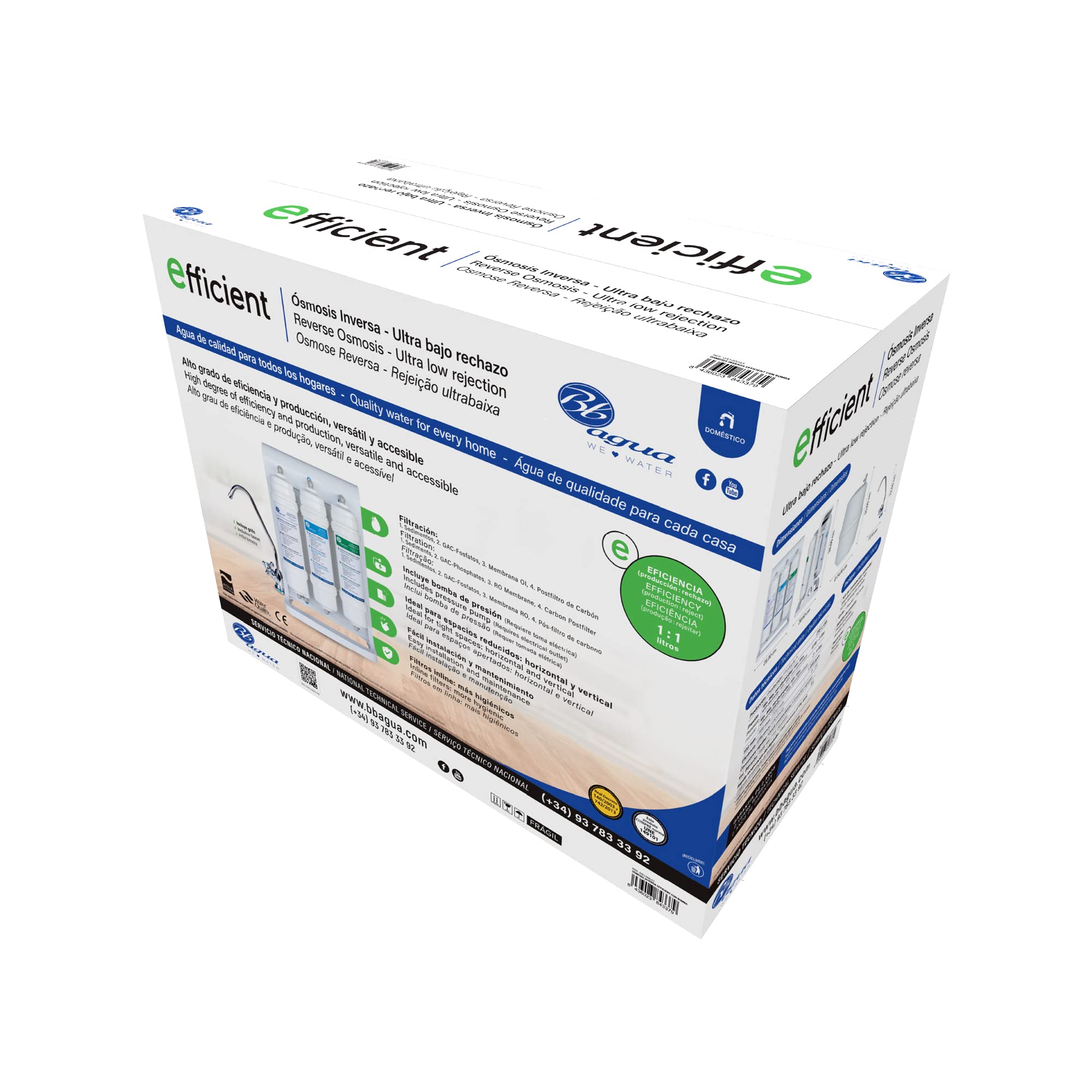 Efficient. Equipo de Osmosis Inversa doméstico de 4 Etapas. Fácil Instalación y cambio de Filtros. Colocación bajo encimera. Incluye Filtros, Membrana y Post Filtro. Bbagua.