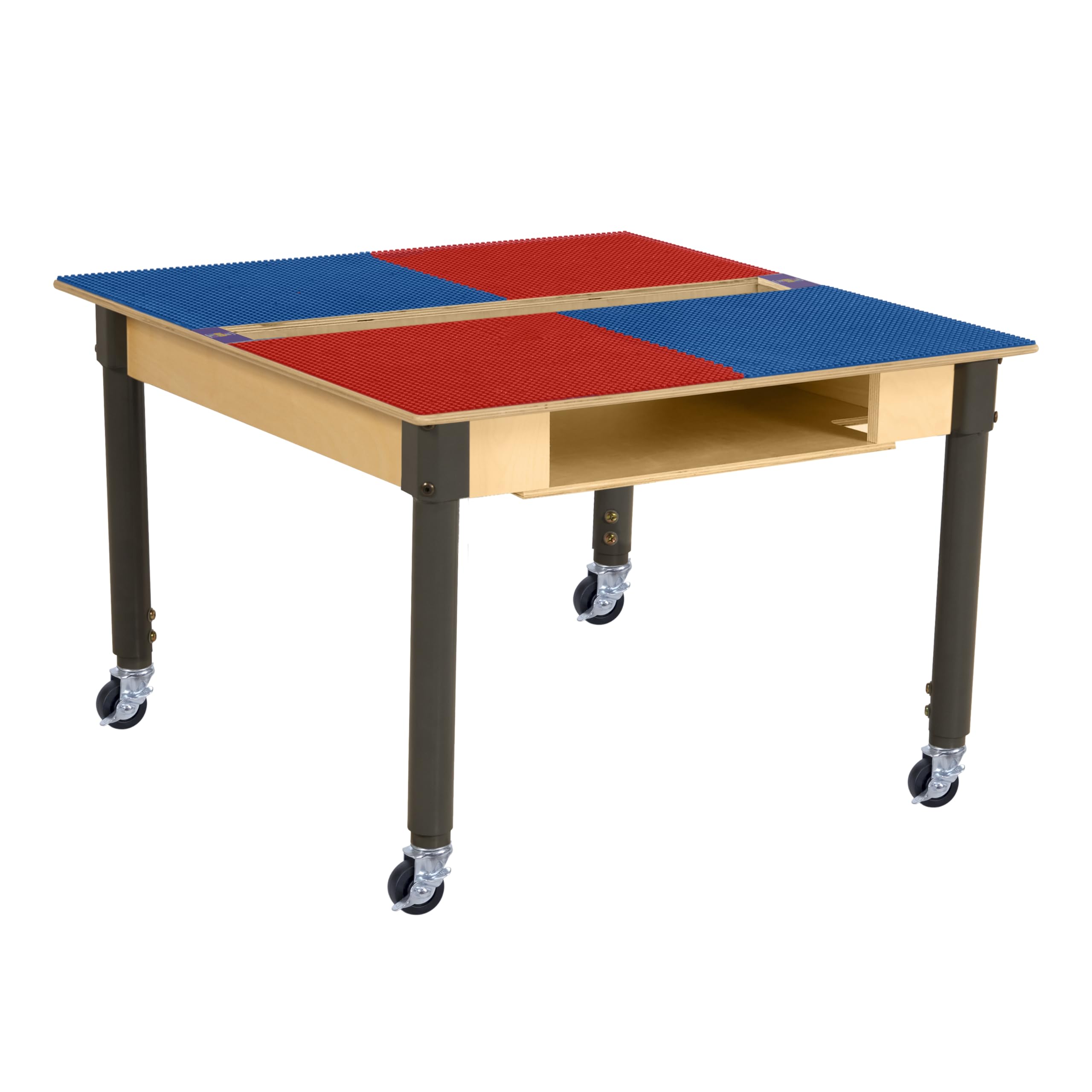 Time-2-Play Play Table Large 35” x 31” Surface Birch Plywood Red & Blue Montessori Lego Compatible Building Blocks Table with Trough for Kids 18”-29”